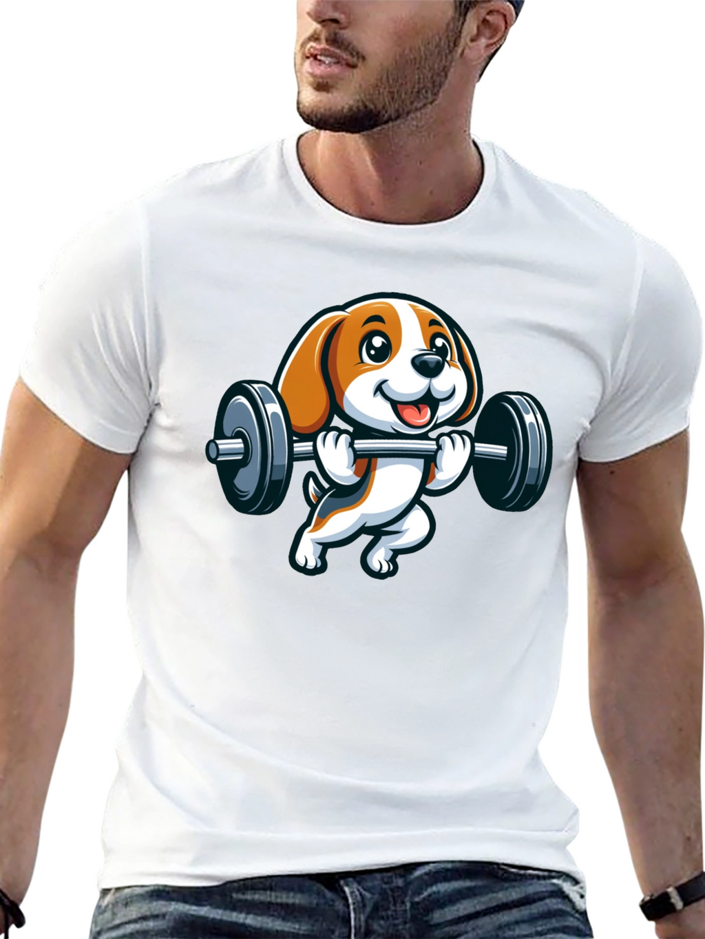 Cute Dog Lifting Weights Graphic T-Shirt