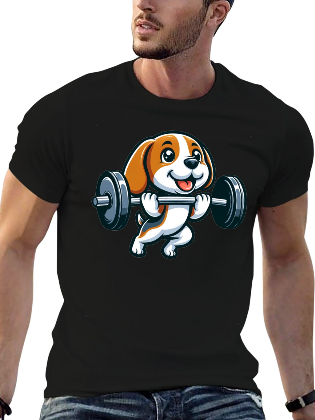 Cute Dog Lifting Weights Graphic T-Shirt