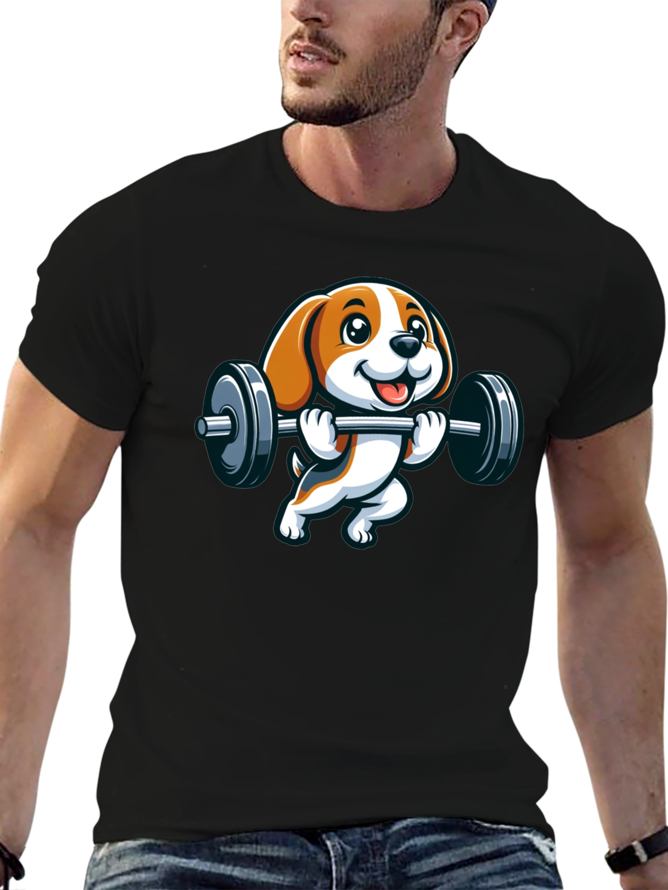 Cute Dog Lifting Weights Graphic T-Shirt