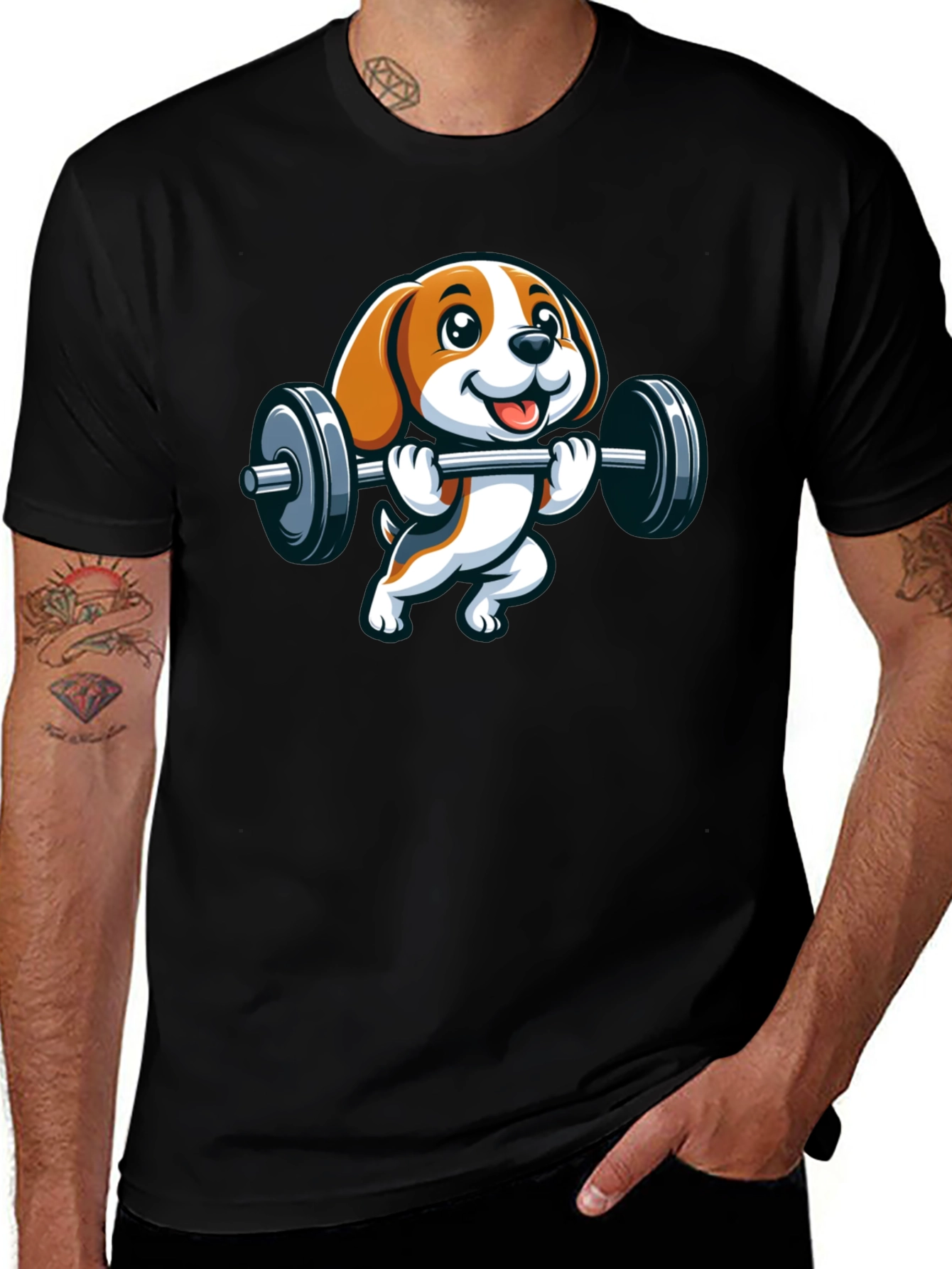 Cute Dog Lifting Weights Graphic T-Shirt