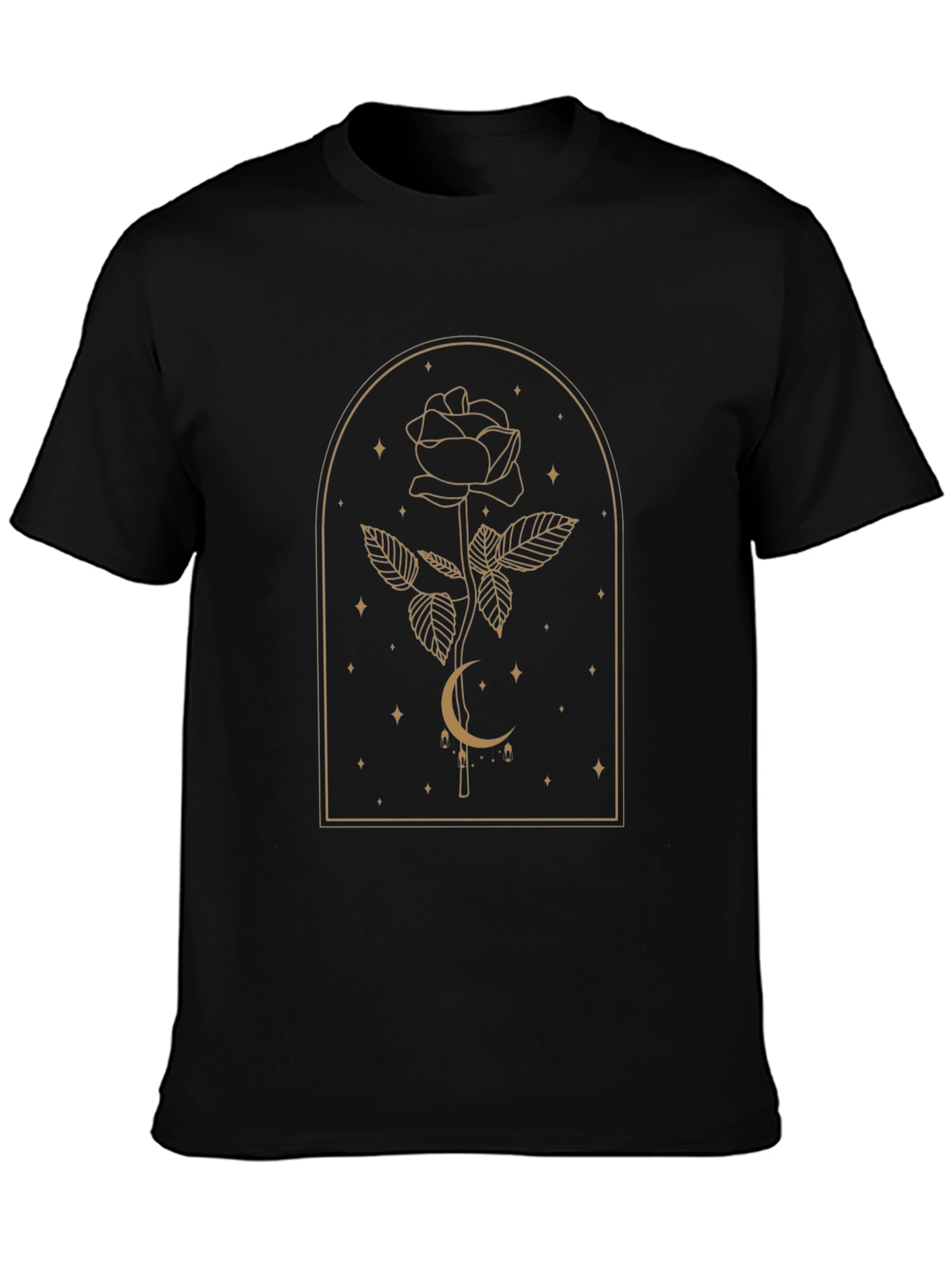 Elegant Rose & Moon Graphic Tee - Black