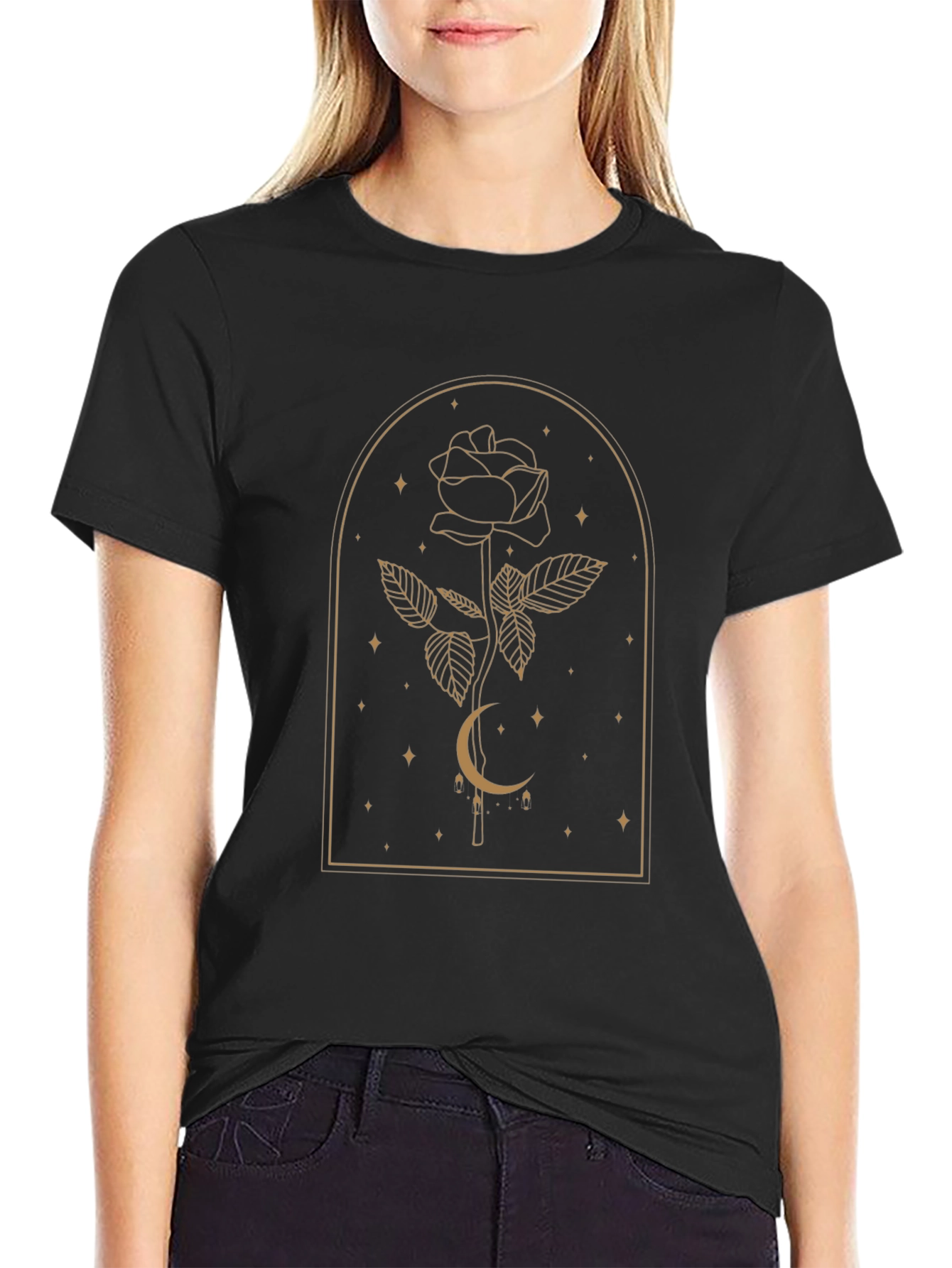 Elegant Rose & Moon Graphic Tee - Black