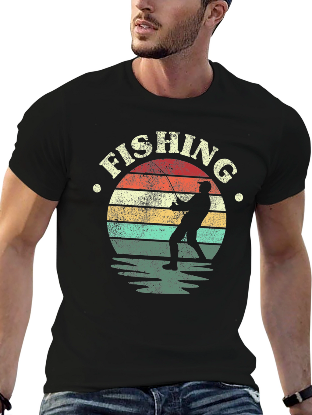 Fishing Sunset Graphic T-Shirt - Black