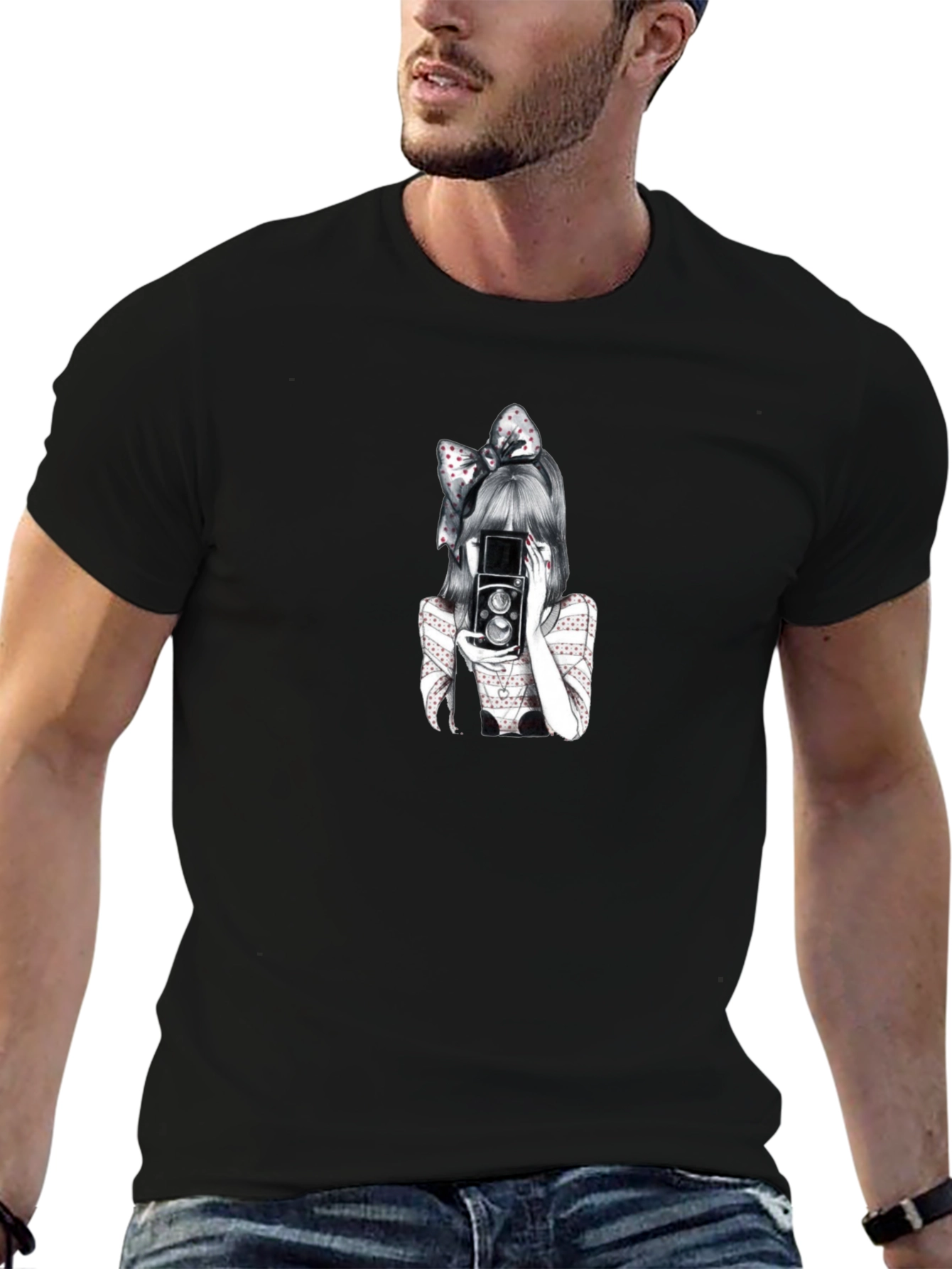 Girl with Camera Graphic T-Shirt - Black