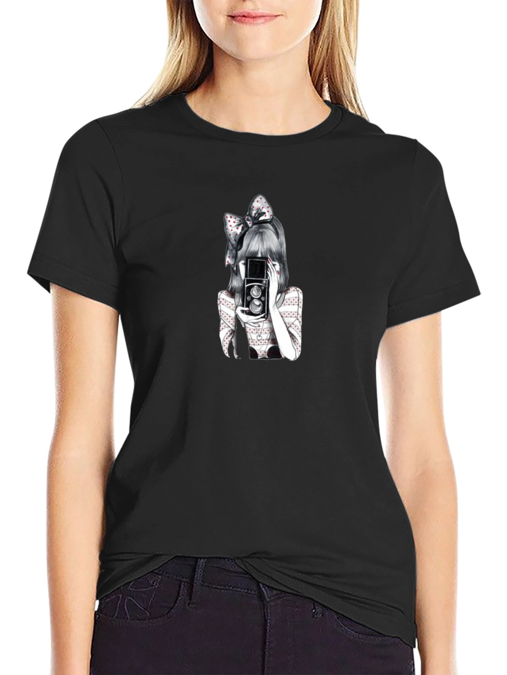 Girl with Camera Graphic T-Shirt - Black