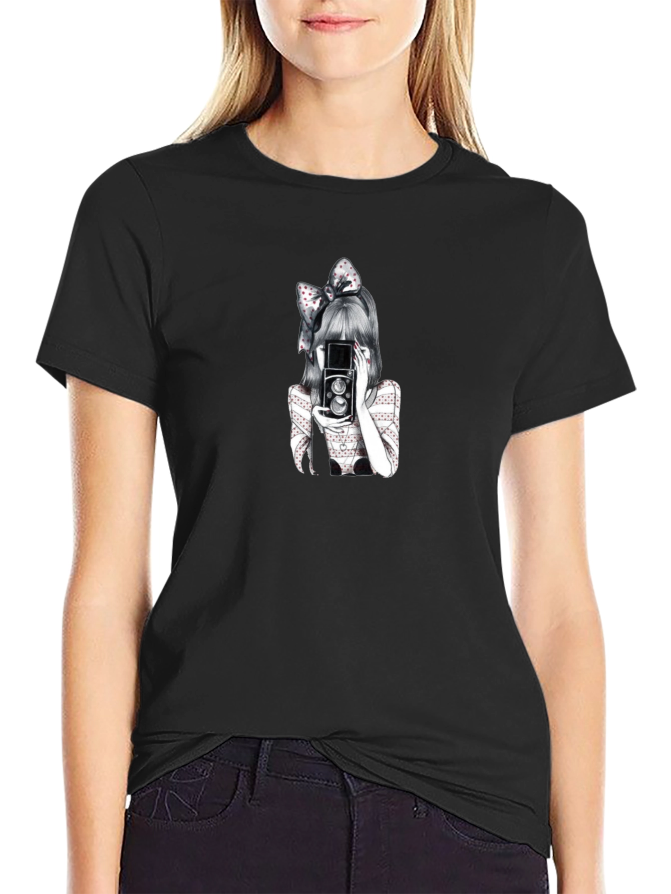 Girl with Camera Graphic T-Shirt - Black