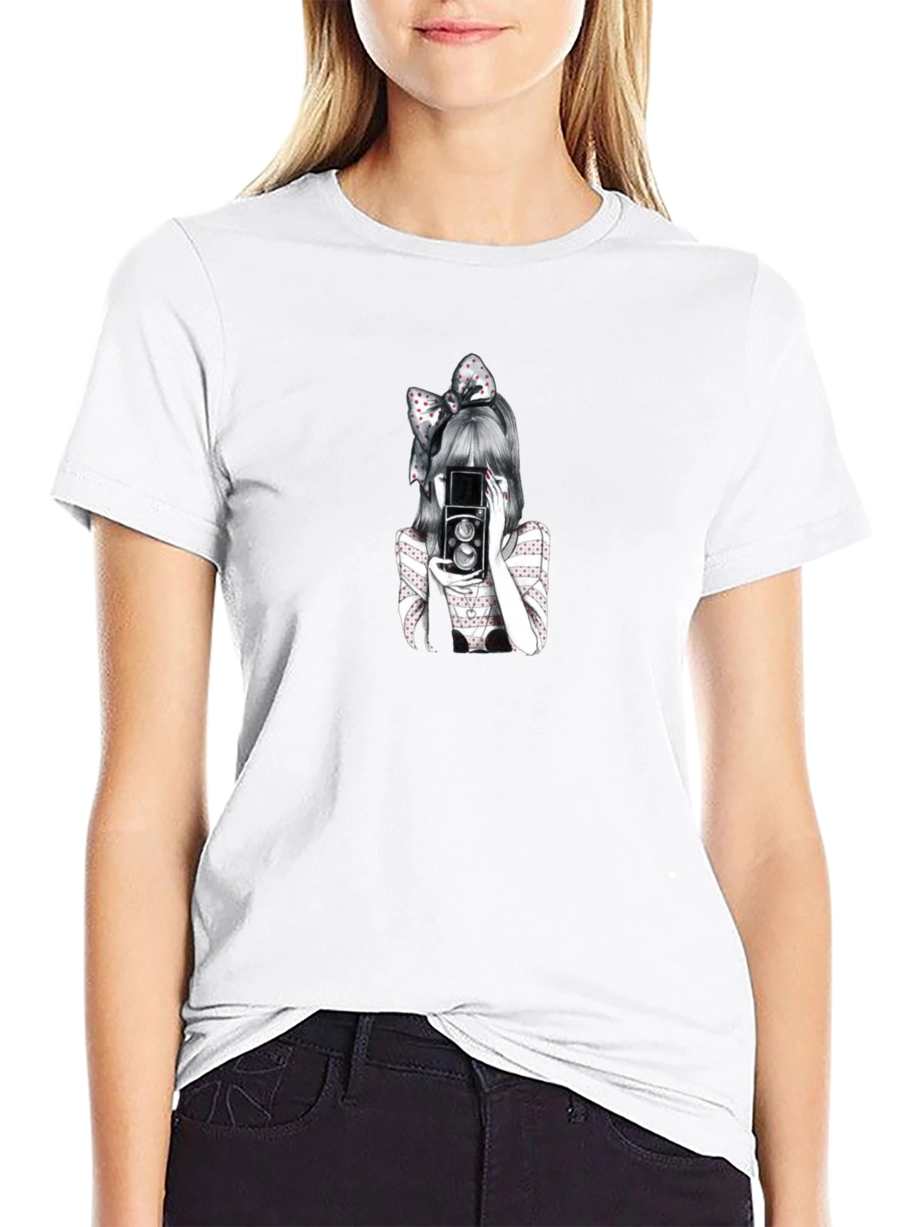 Girl with Camera Graphic T-Shirt - Black