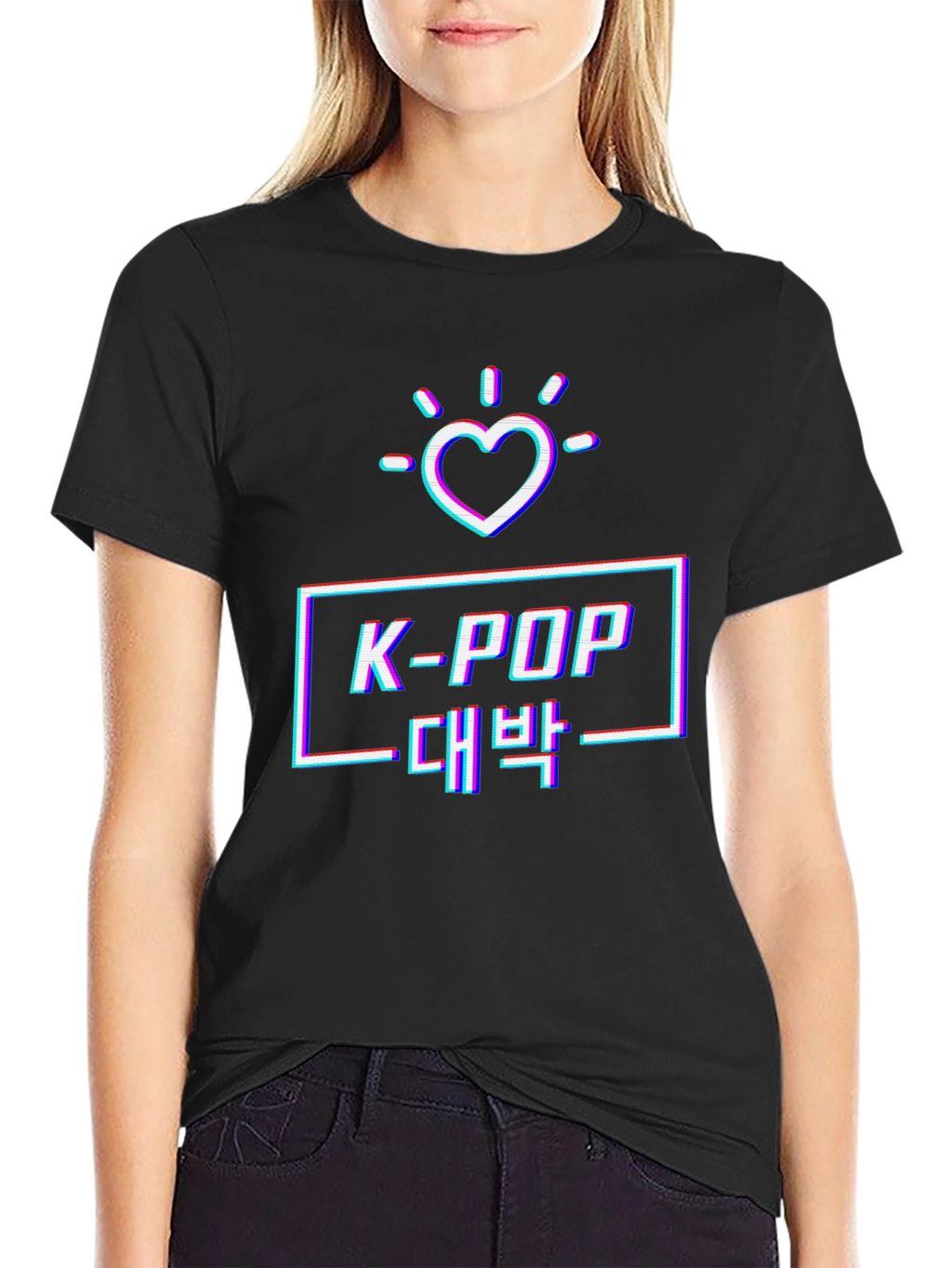 K-Pop Glitch Heart Graphic Tee - Black