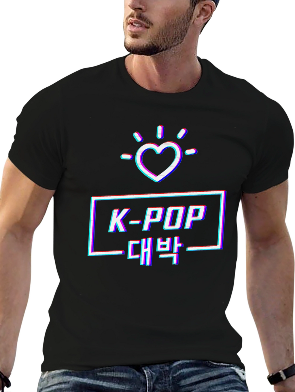 K-Pop Glitch Heart Graphic Tee - Black