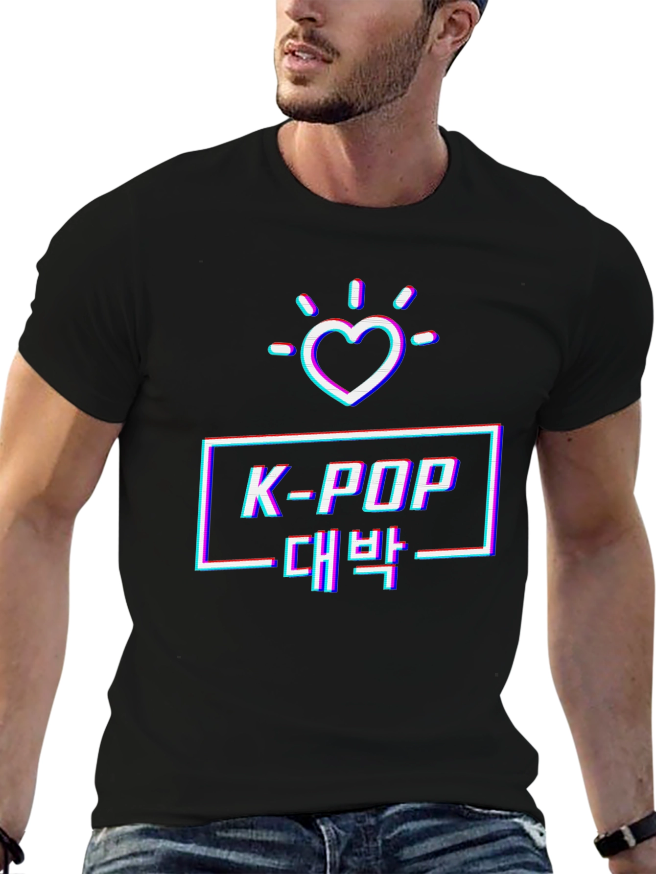 K-Pop Glitch Heart Graphic Tee - Black
