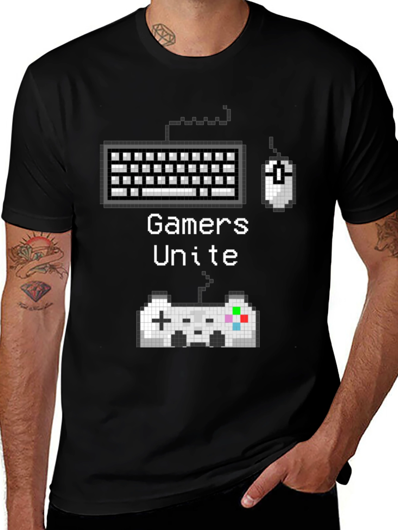 Gamer Unite T-Shirt - Retro Pixel Art Keyboard Mouse & Controller