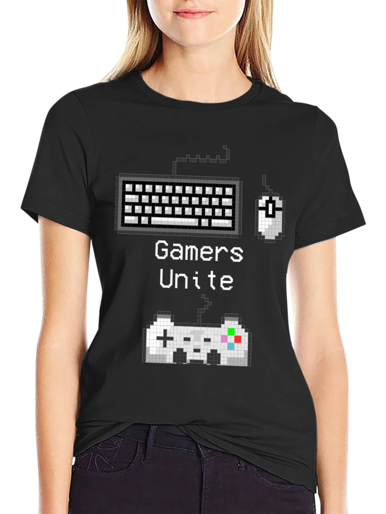 Gamer Unite T-Shirt - Retro Pixel Art Keyboard Mouse & Controller