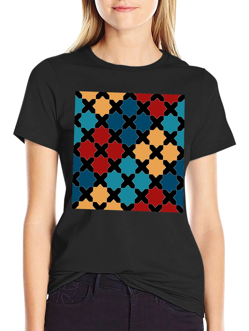 Geometric Star Pattern Black T-Shirt