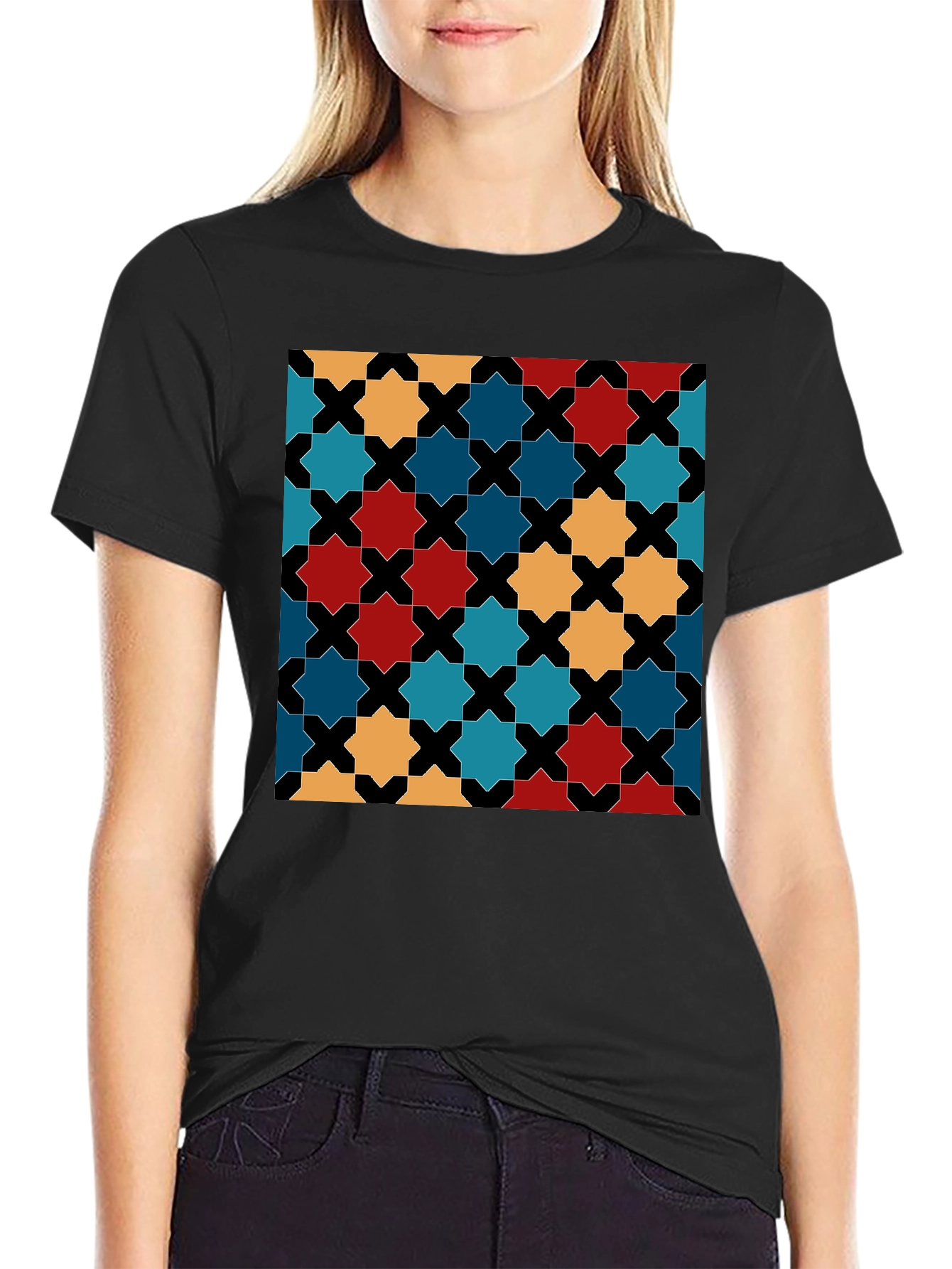 Geometric Star Pattern Black T-Shirt