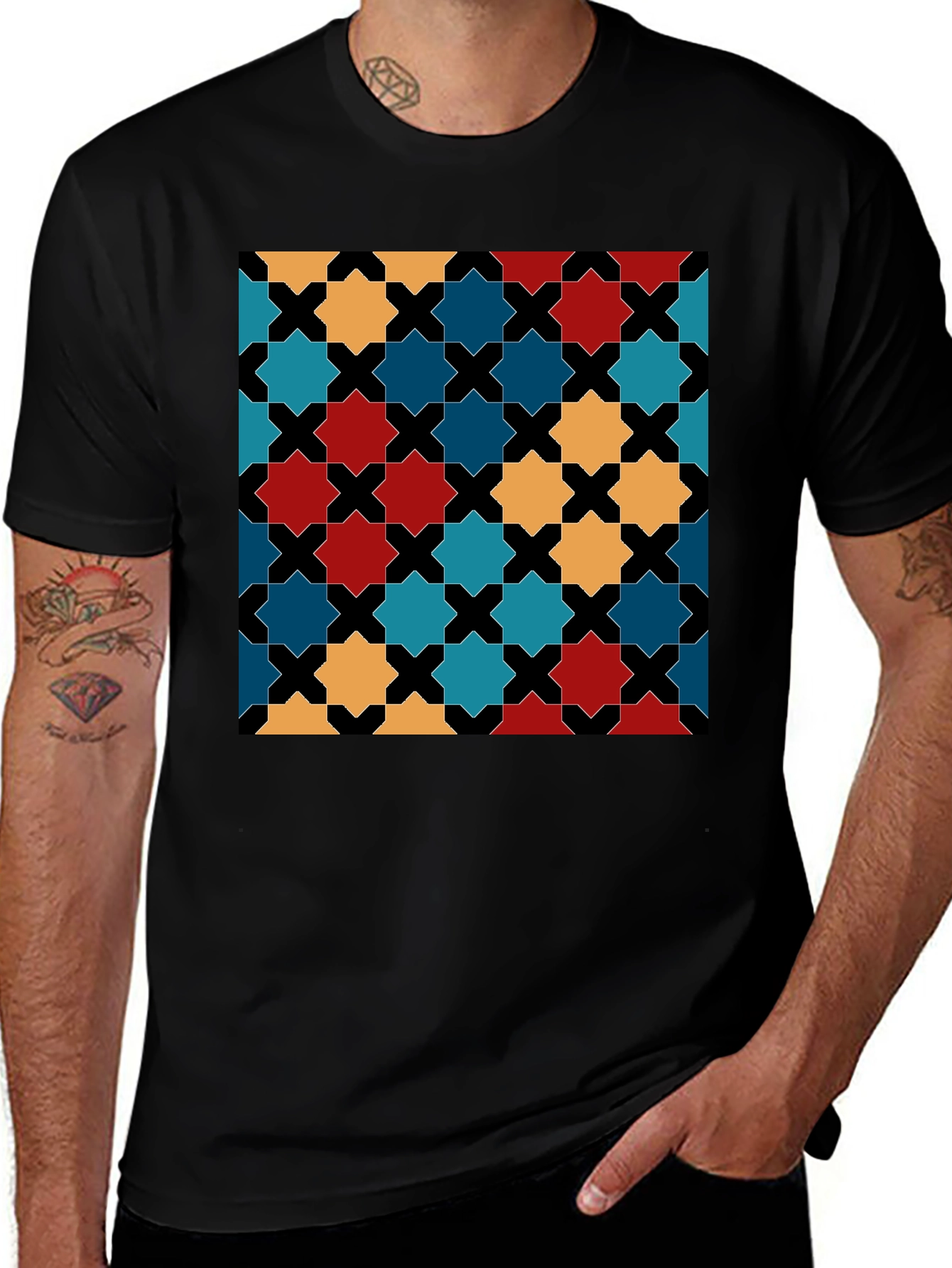 Geometric Star Pattern Black T-Shirt