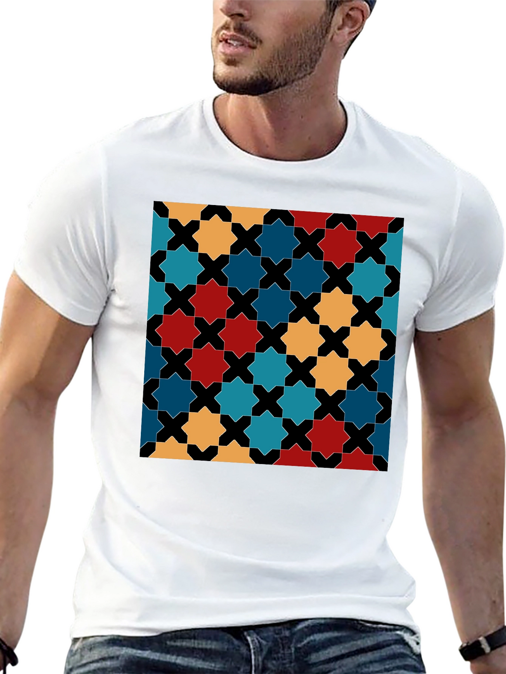 Geometric Star Pattern Black T-Shirt