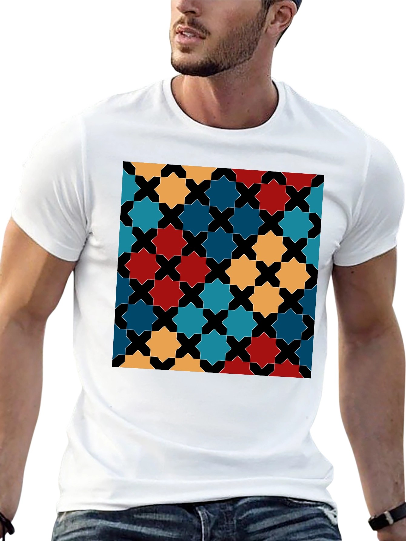 Geometric Star Pattern Black T-Shirt