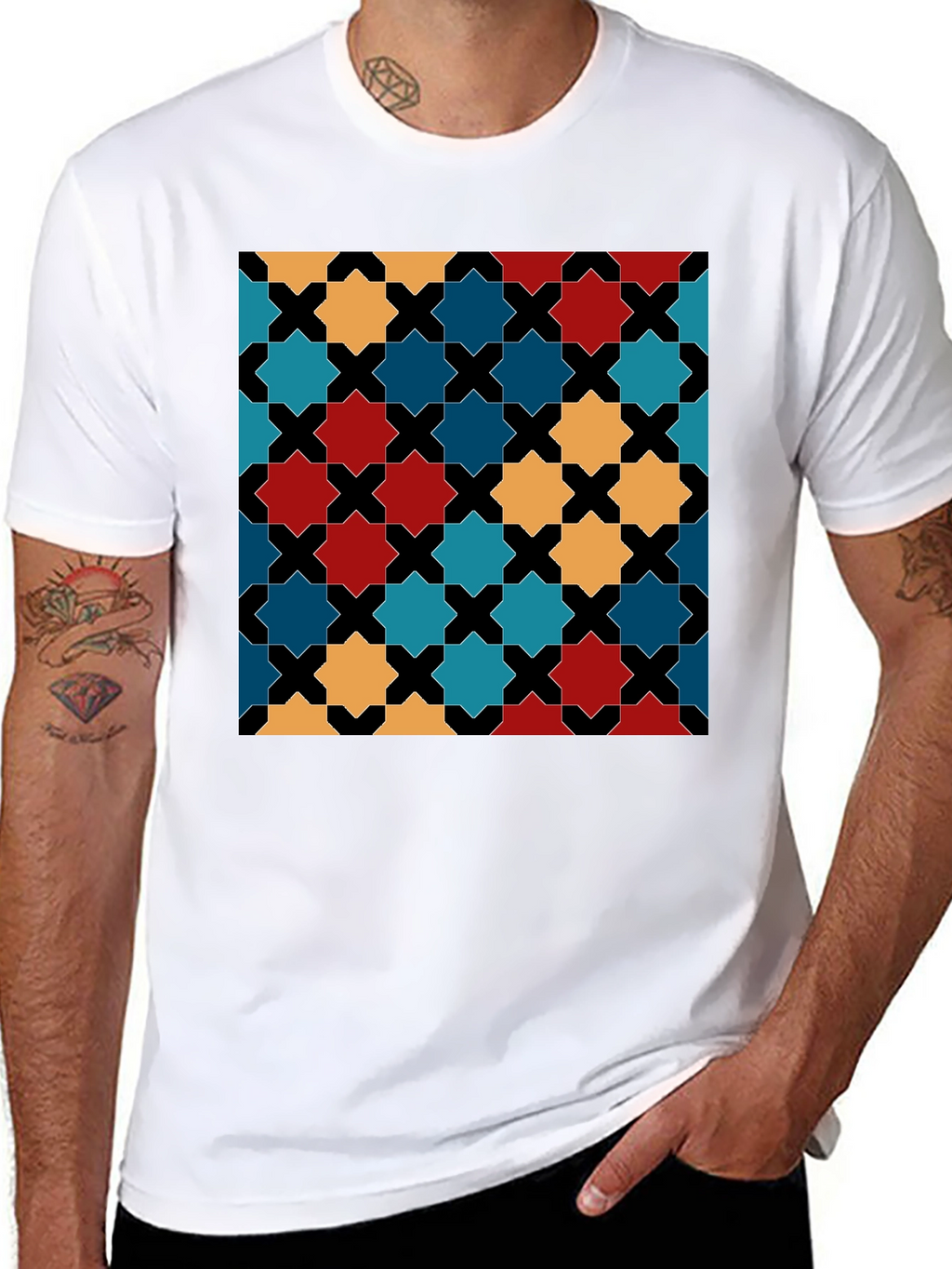 Geometric Star Pattern Black T-Shirt