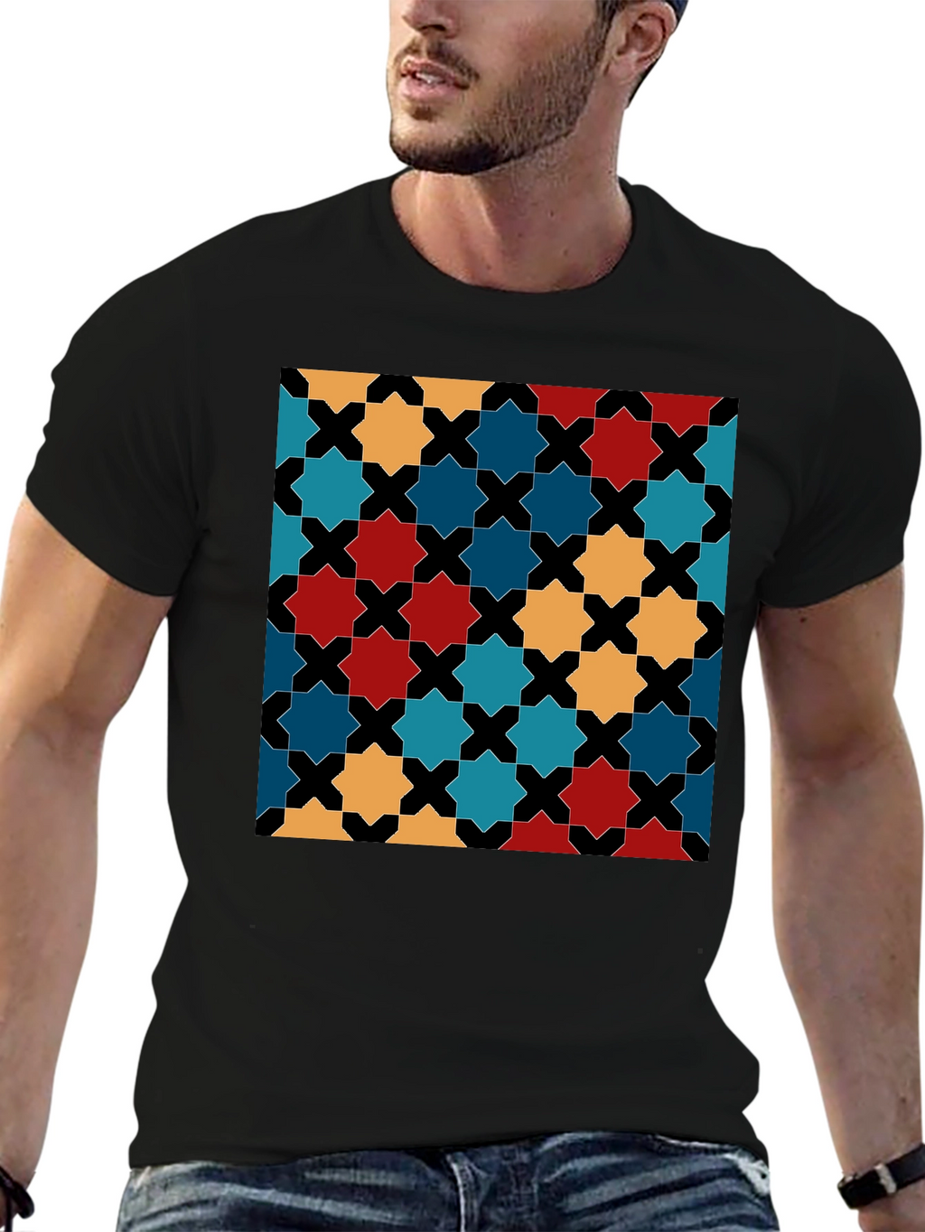 Geometric Star Pattern Black T-Shirt