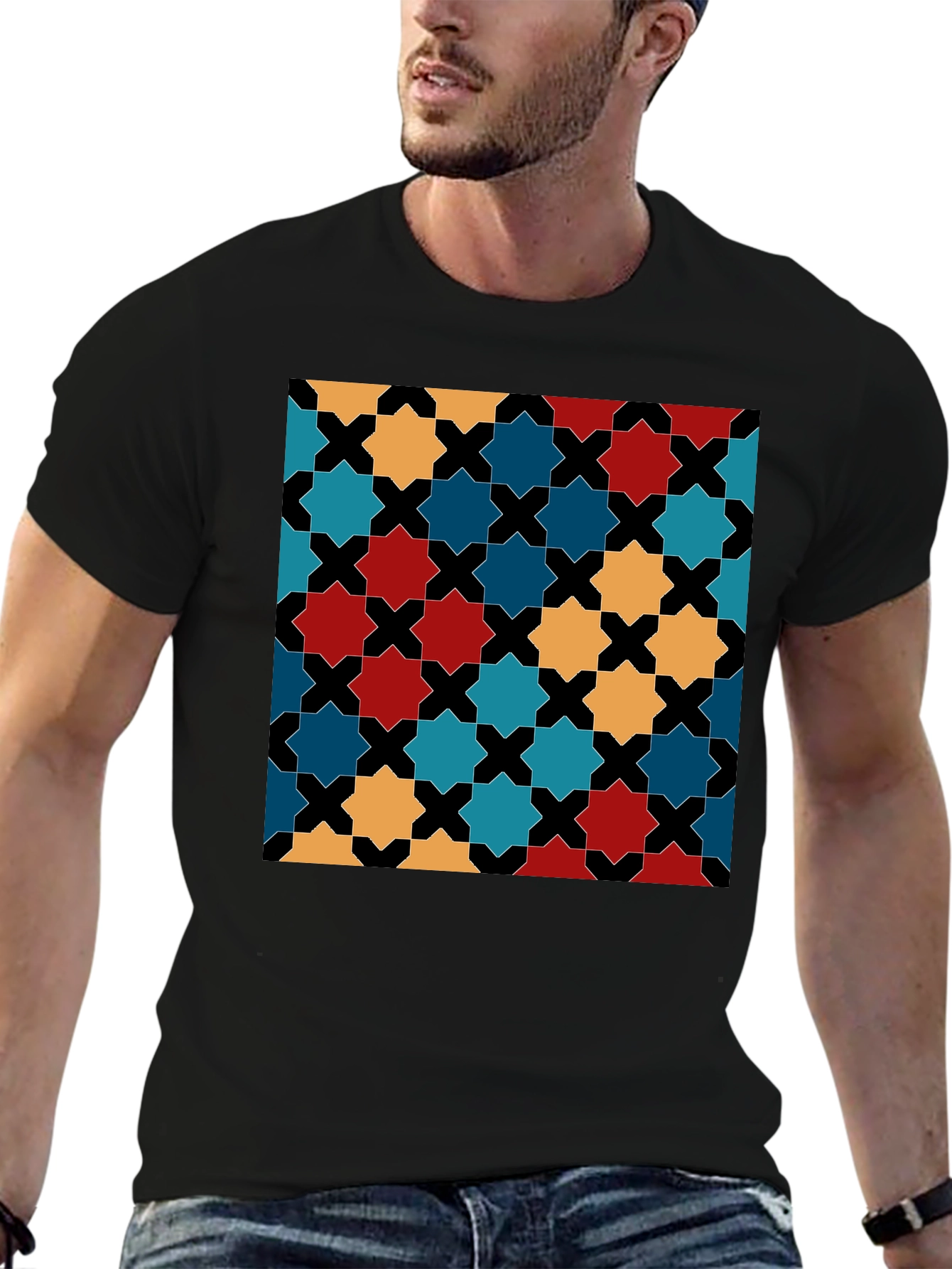 Geometric Star Pattern Black T-Shirt