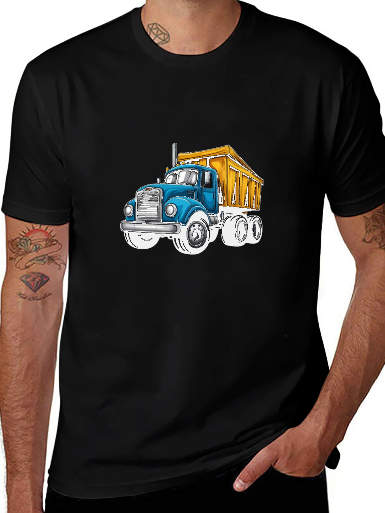 Cartoon Truck Graphic Tee - Black Cotton T-Shirt
