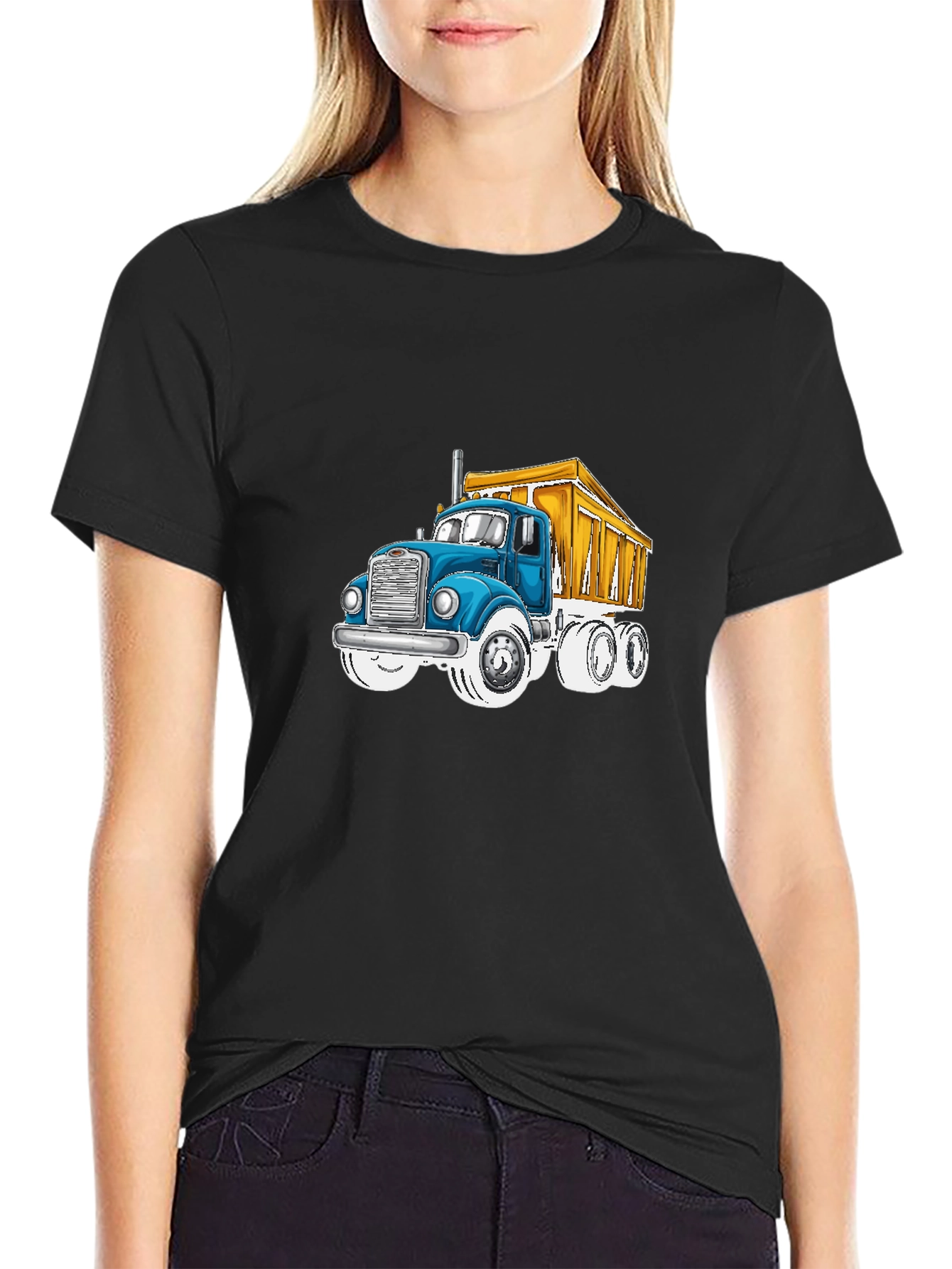 Cartoon Truck Graphic Tee - Black Cotton T-Shirt