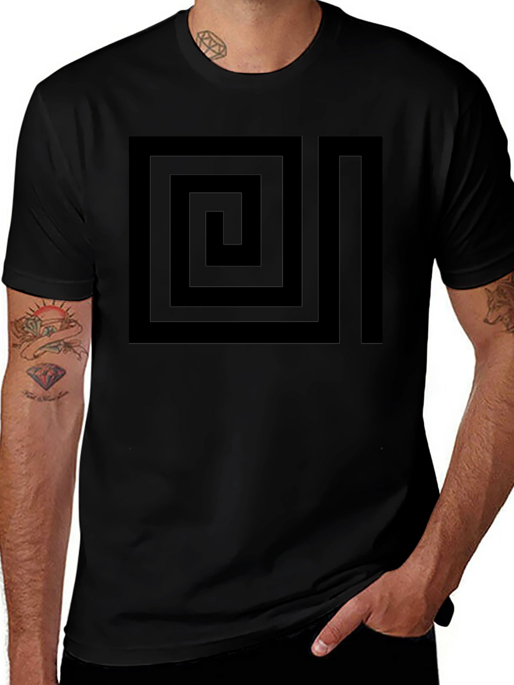 Geometric Maze Design Black T-Shirt