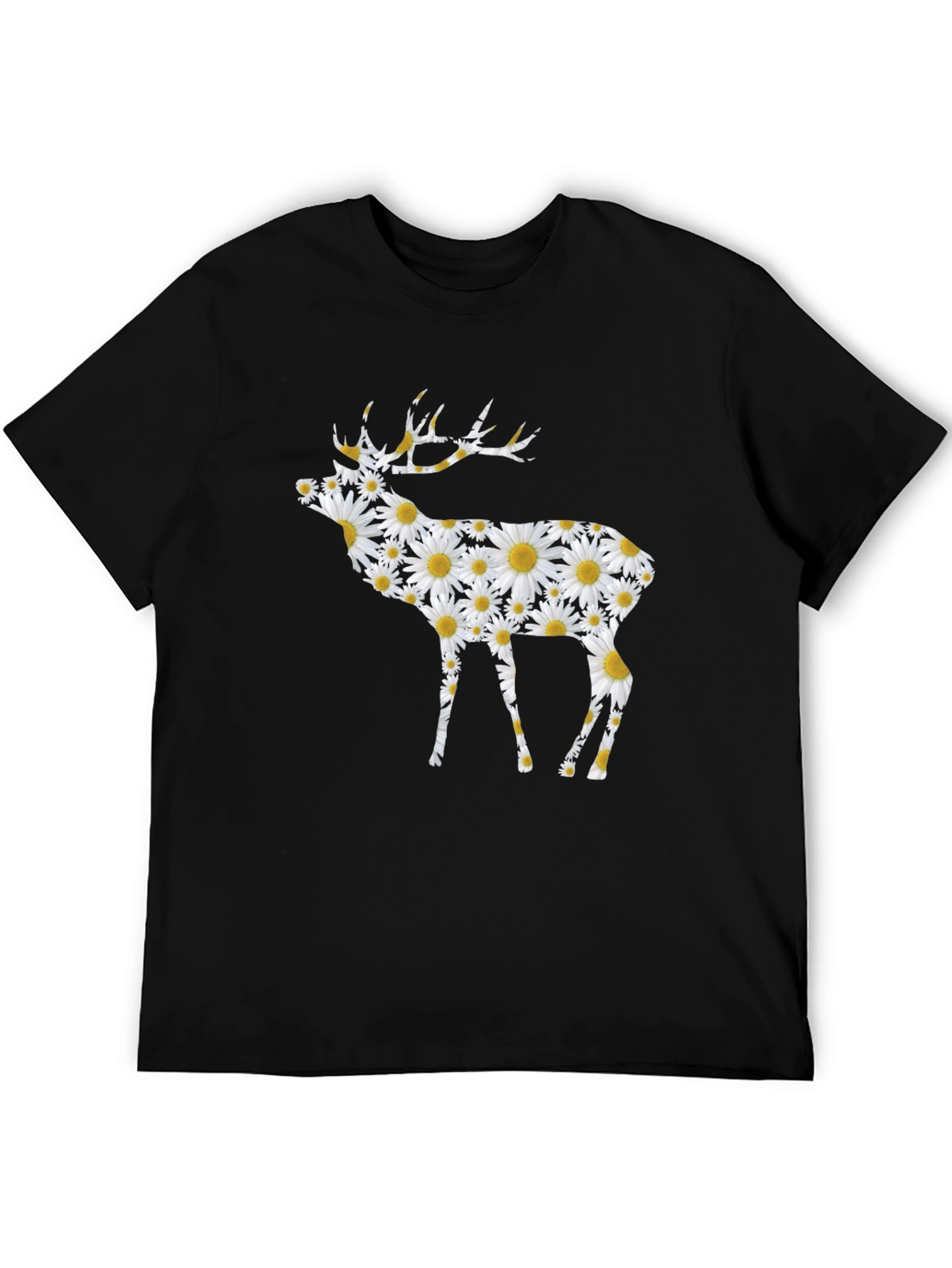 Floral Deer Print Black T-Shirt