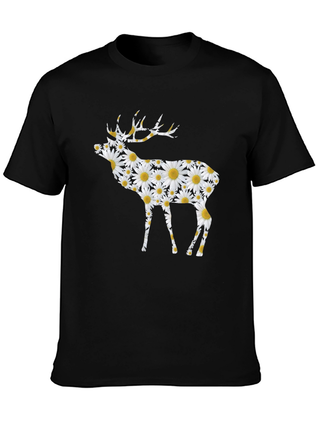 Floral Deer Print Black T-Shirt
