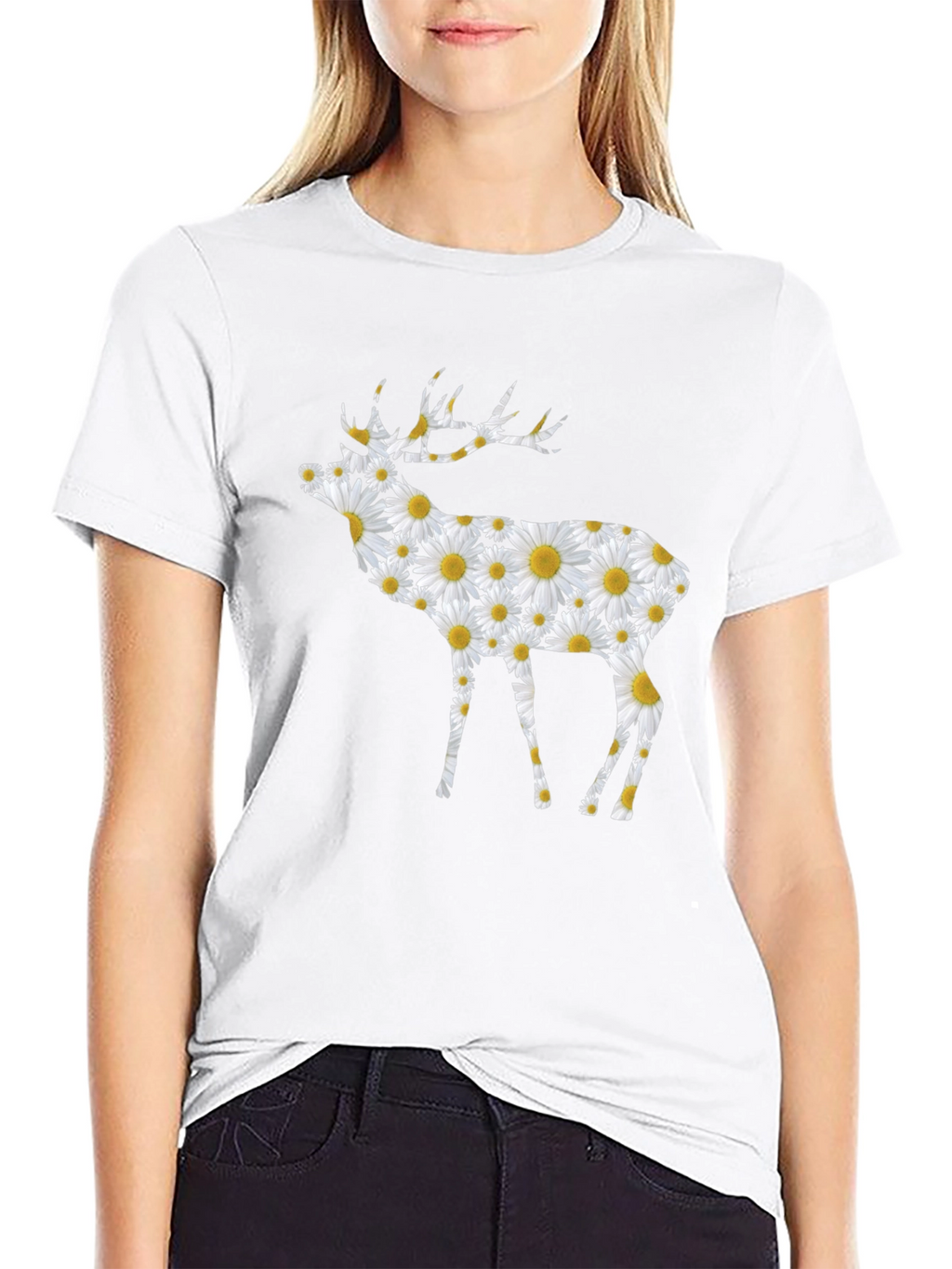Floral Deer Print Black T-Shirt