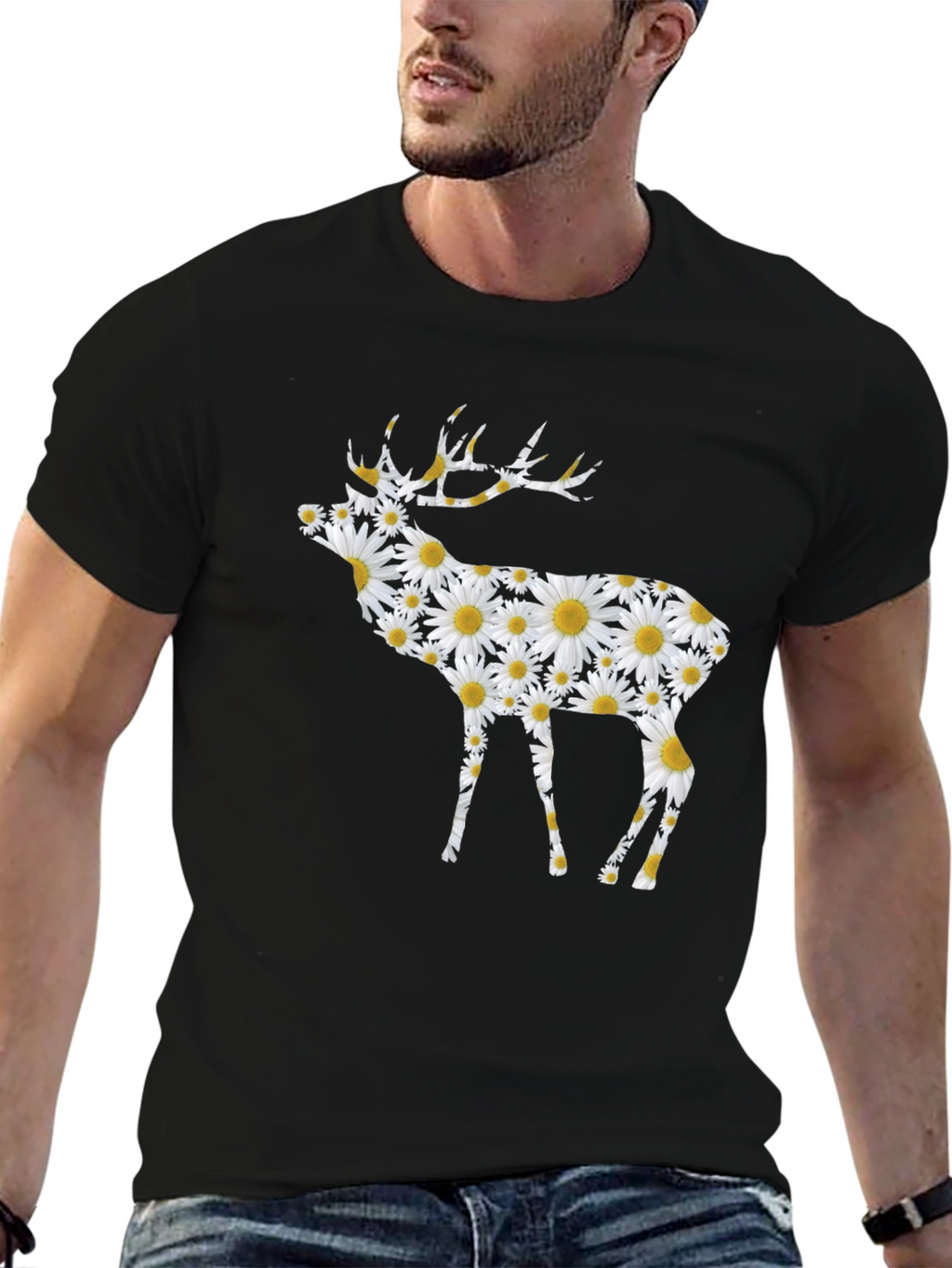 Floral Deer Print Black T-Shirt