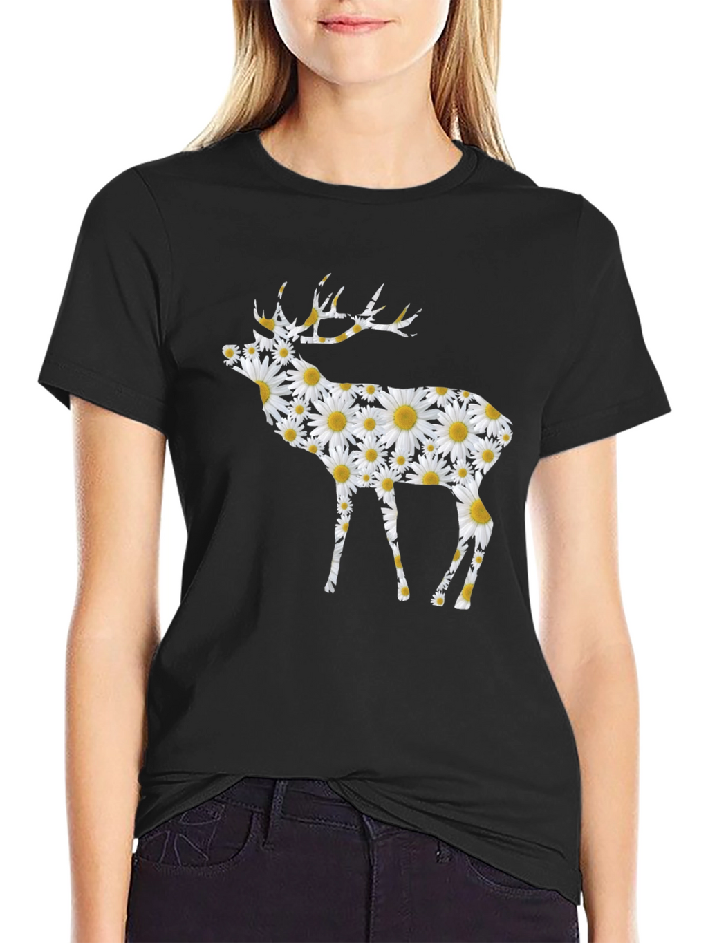 Floral Deer Print Black T-Shirt