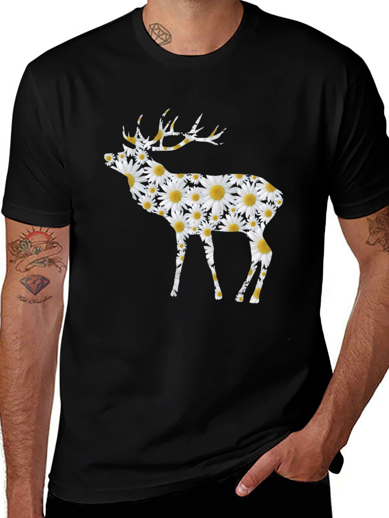 Floral Deer Print Black T-Shirt