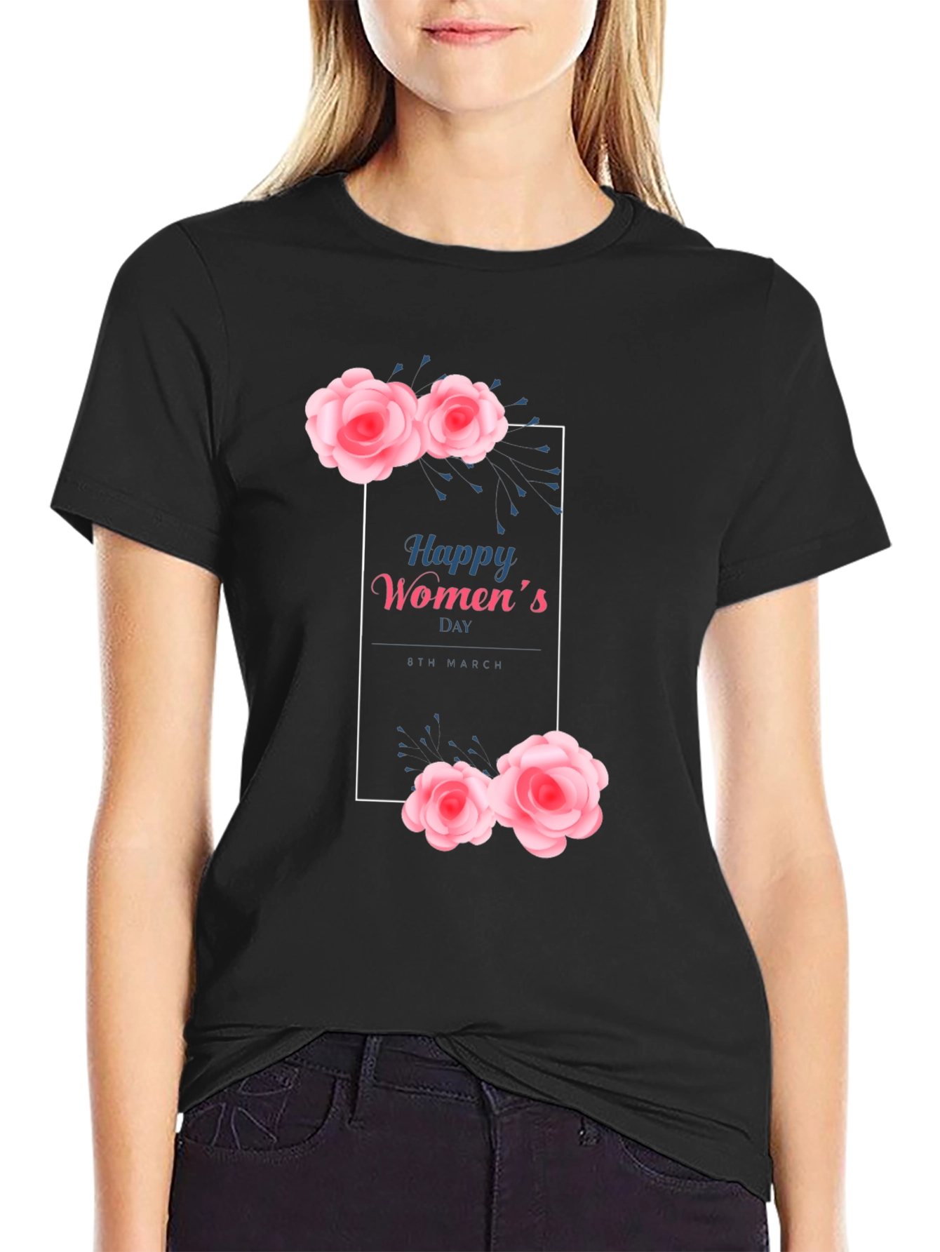 Happy Womens Day Floral Graphic Tee - Black