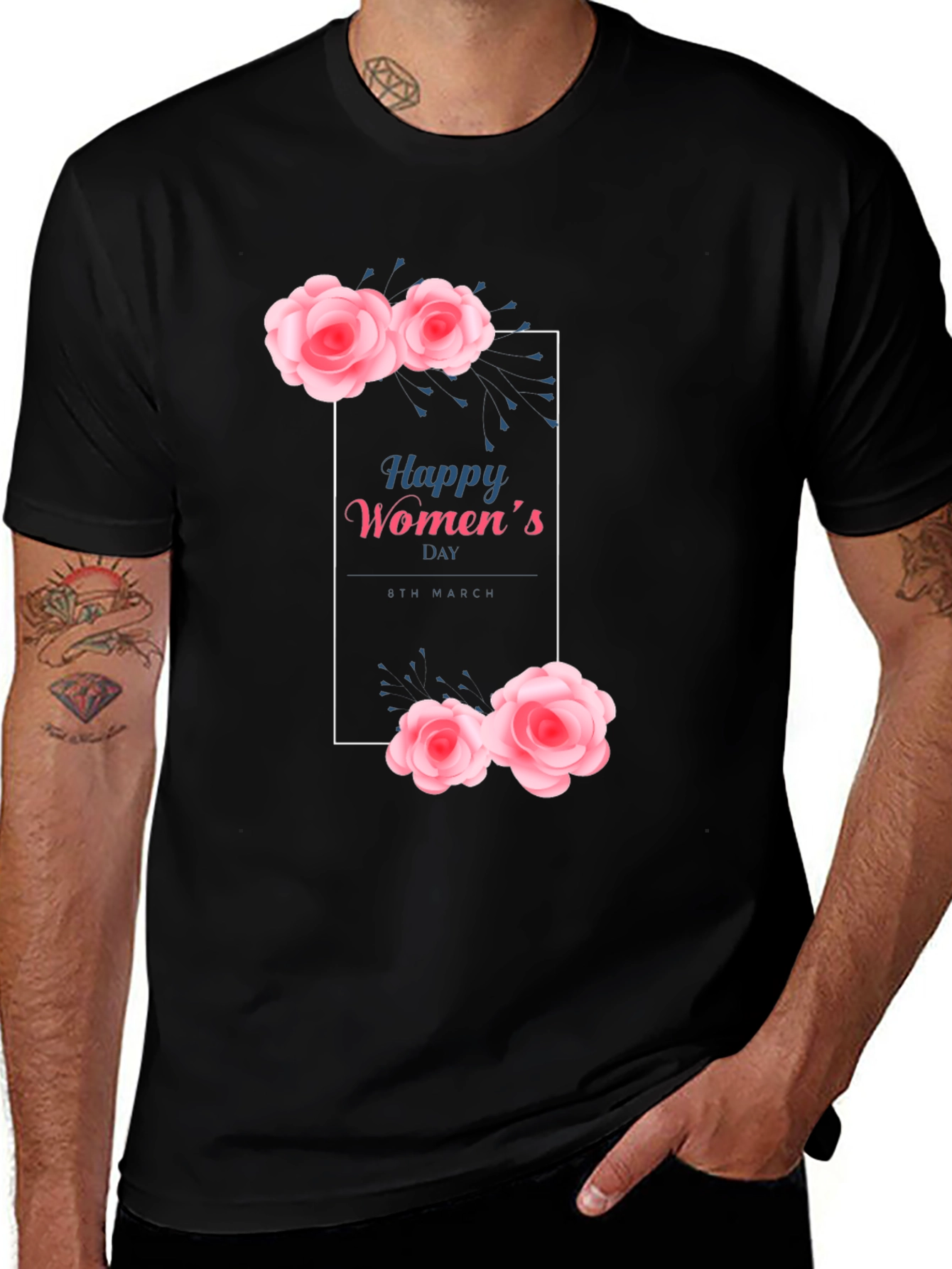 Happy Womens Day Floral Graphic Tee - Black