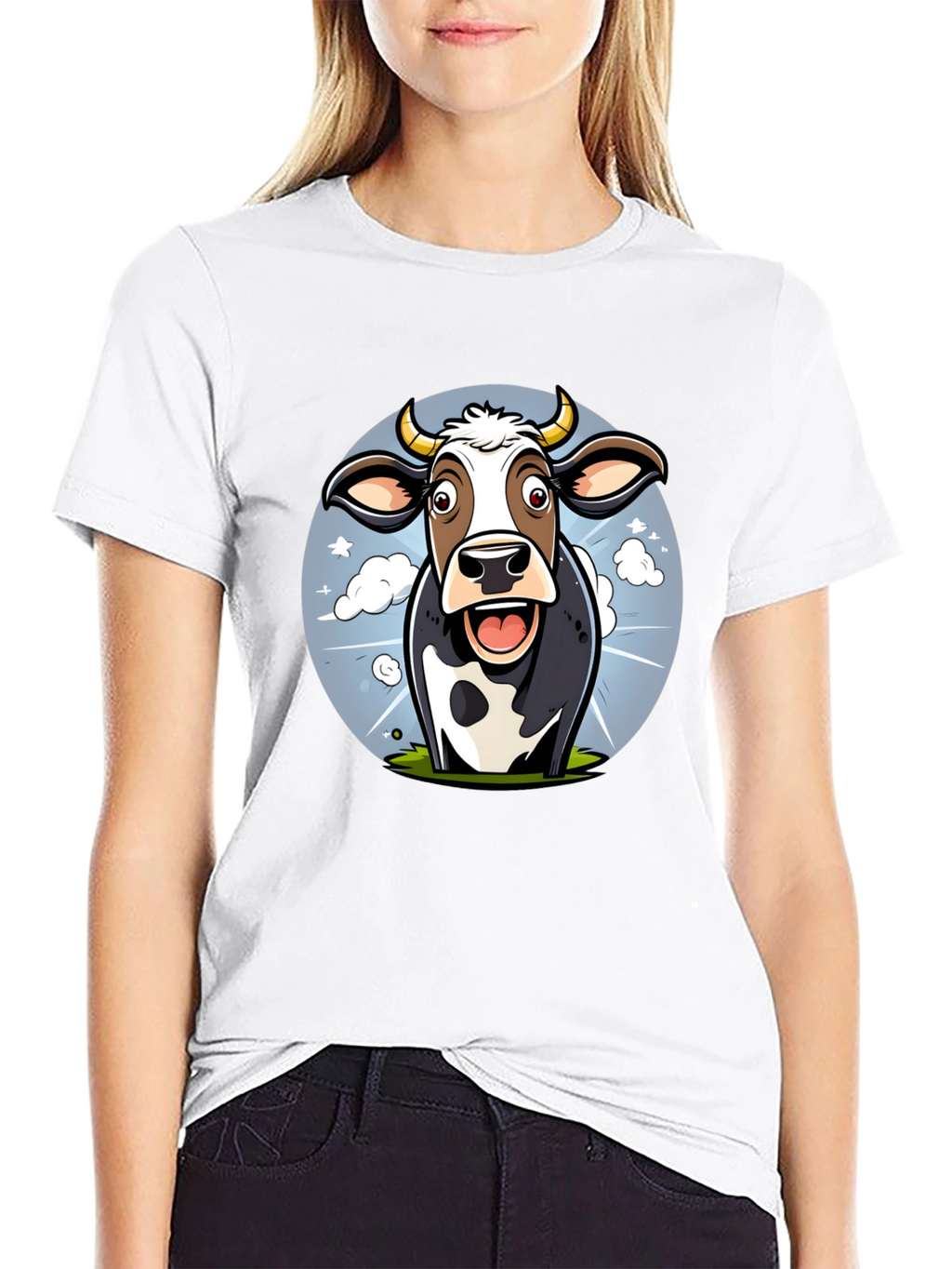 Funny Cow Cartoon Graphic Print Black T-Shirt