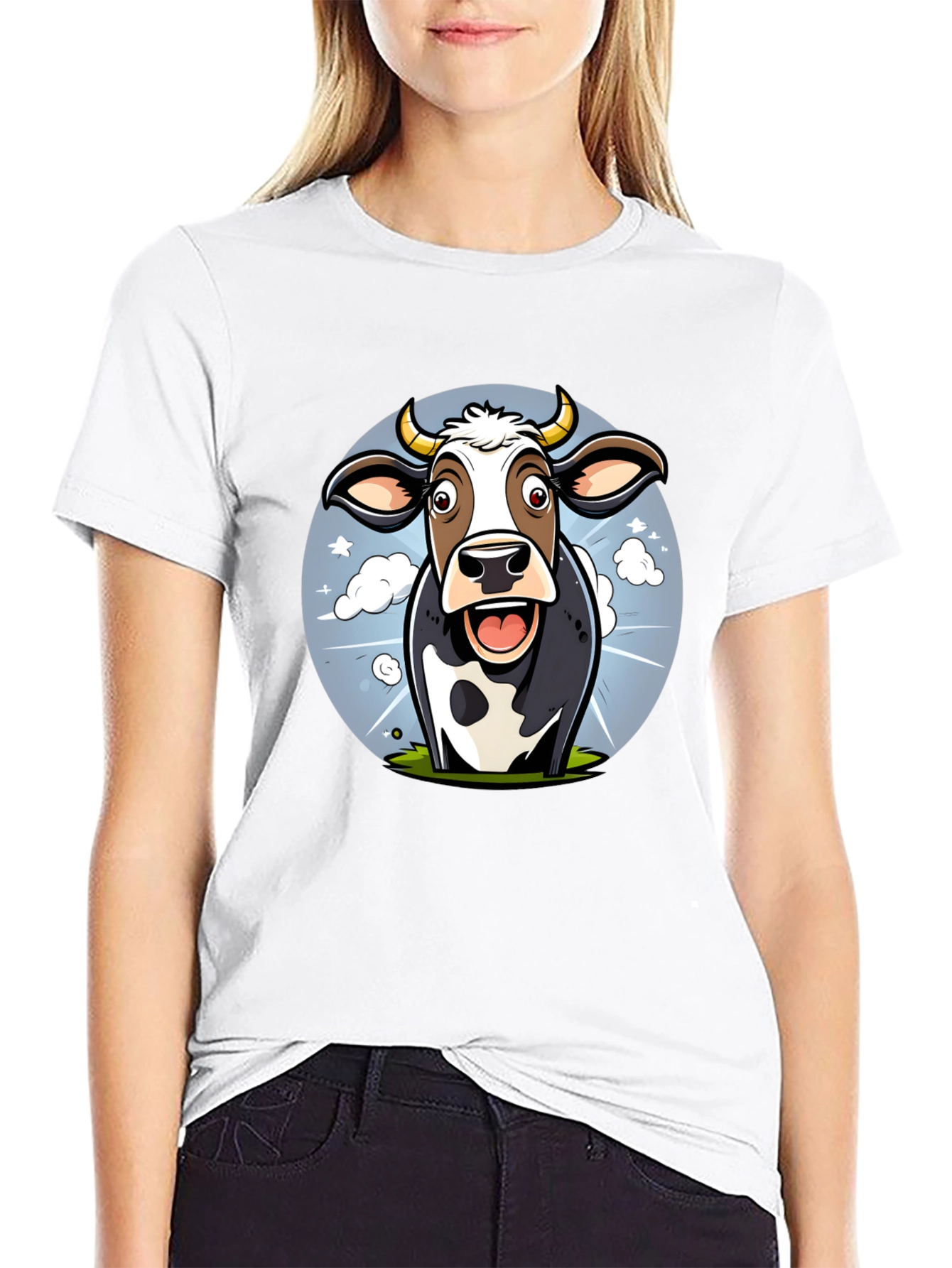 Funny Cow Cartoon Graphic Print Black T-Shirt