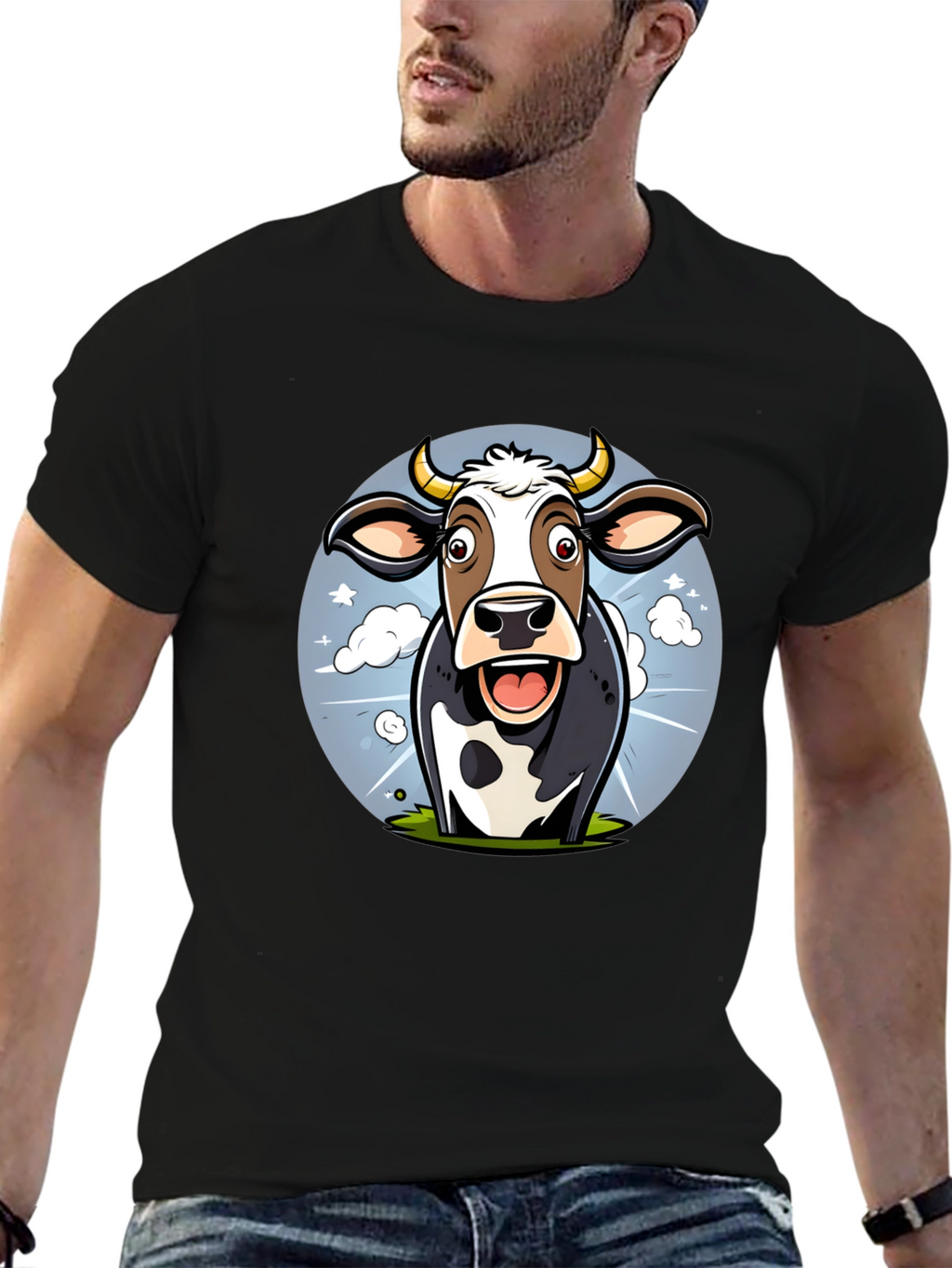Funny Cow Cartoon Graphic Print Black T-Shirt