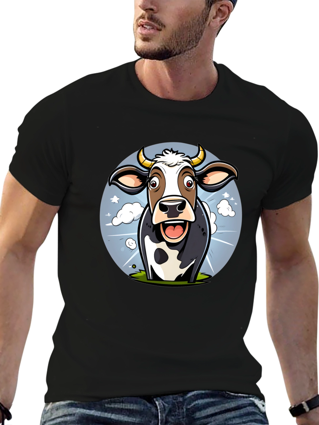 Funny Cow Cartoon Graphic Print Black T-Shirt