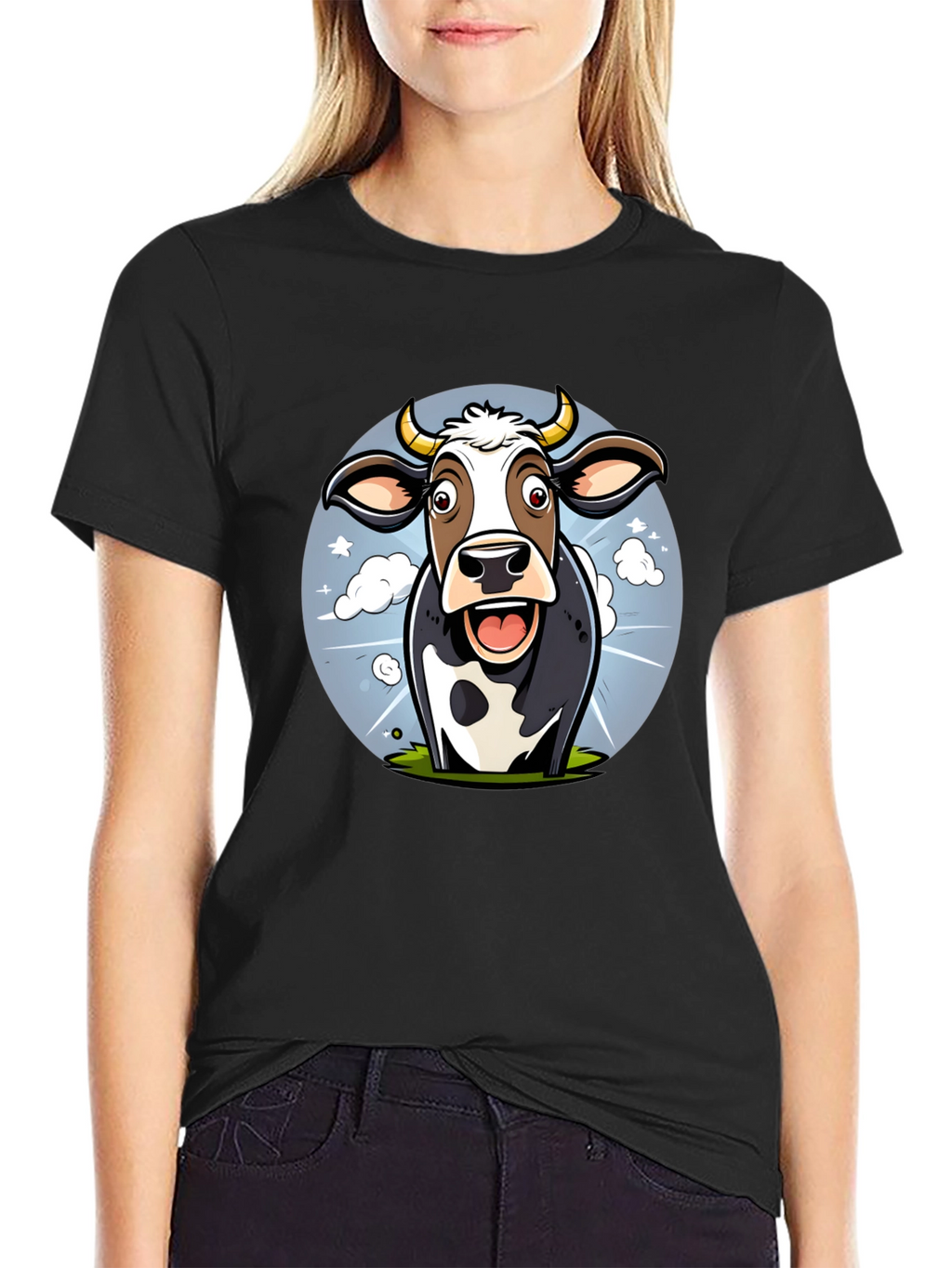 Funny Cow Cartoon Graphic Print Black T-Shirt
