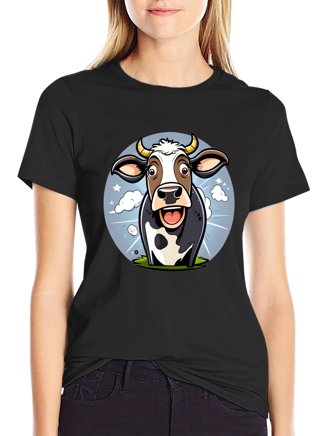 Funny Cow Cartoon Graphic Print Black T-Shirt