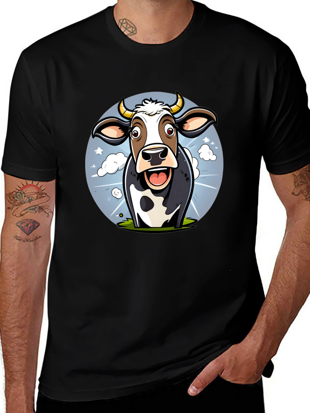 Funny Cow Cartoon Graphic Print Black T-Shirt
