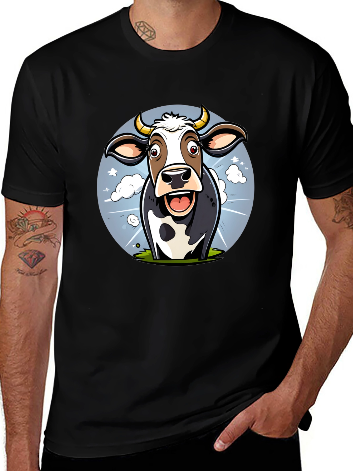 Funny Cow Cartoon Graphic Print Black T-Shirt