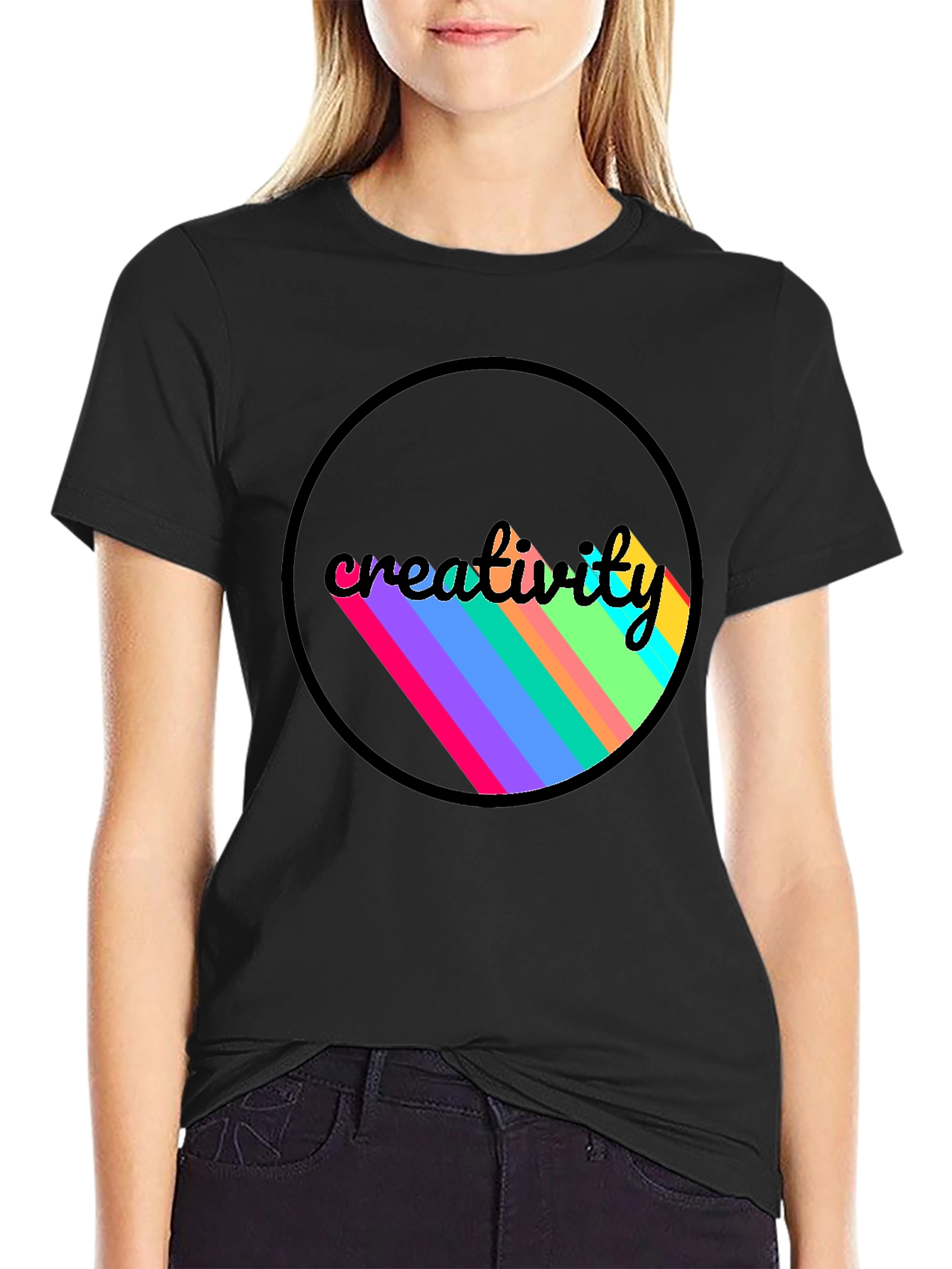 Creativity Colorful Stripe Graphic Black T-Shirt