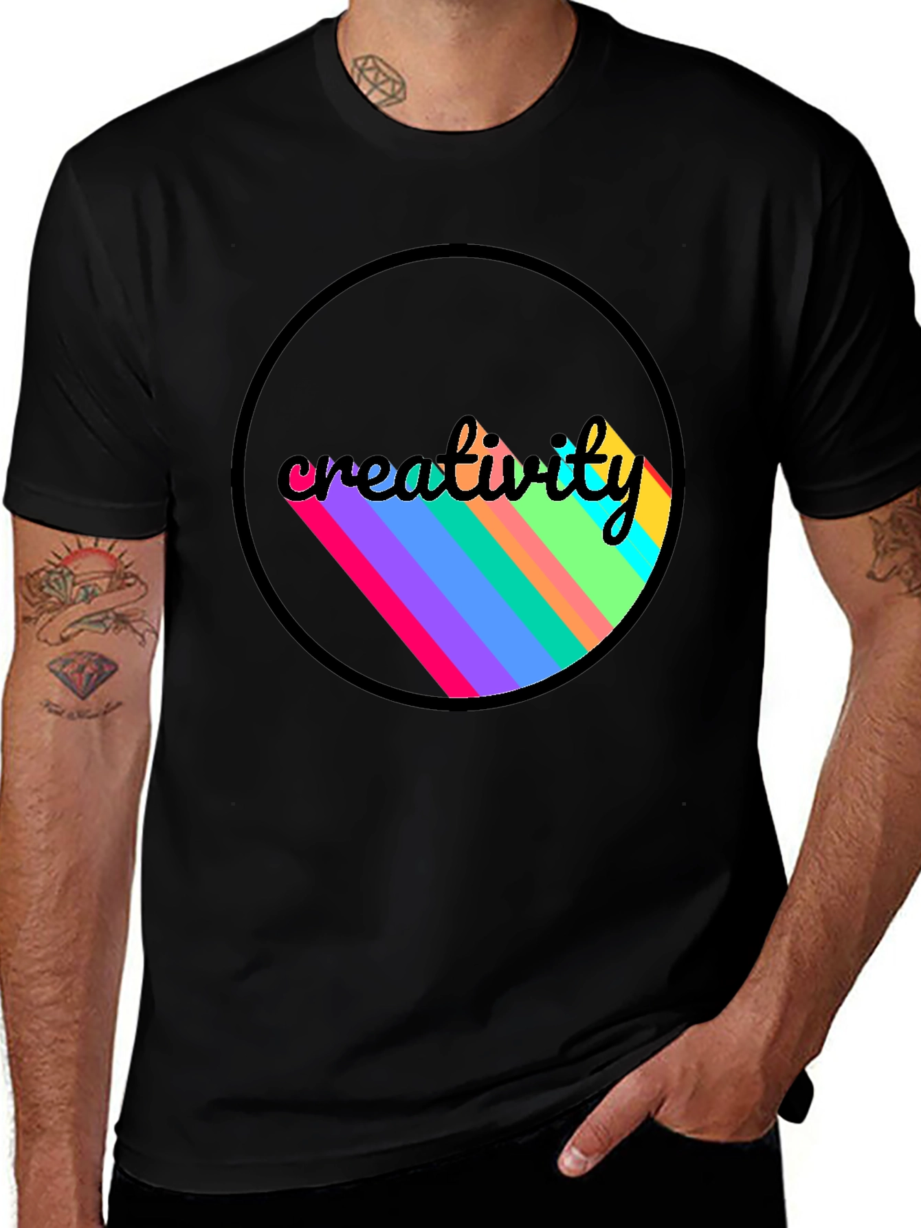 Creativity Colorful Stripe Graphic Black T-Shirt