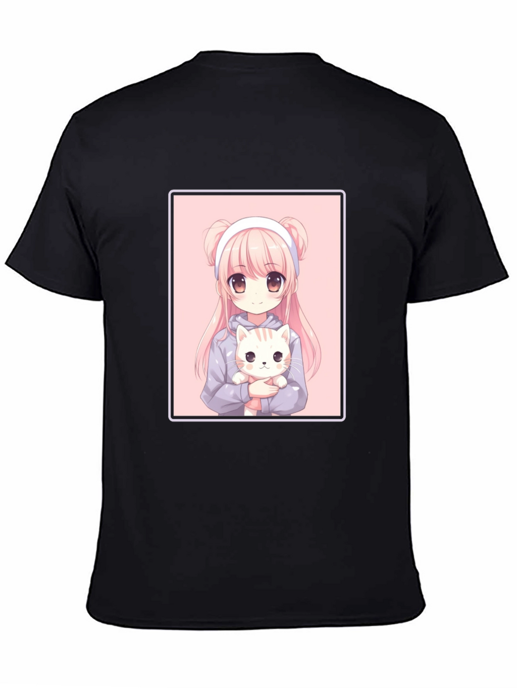 Anime Girl and Cat Graphic Black T-Shirt