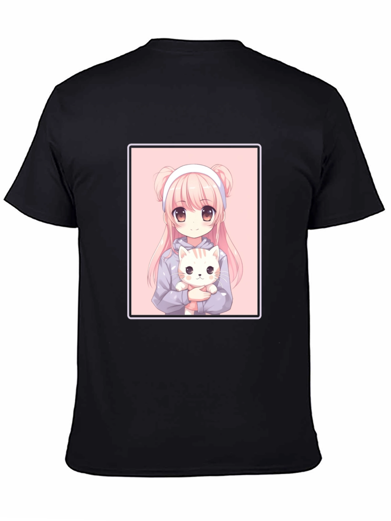 Anime Girl and Cat Graphic Black T-Shirt