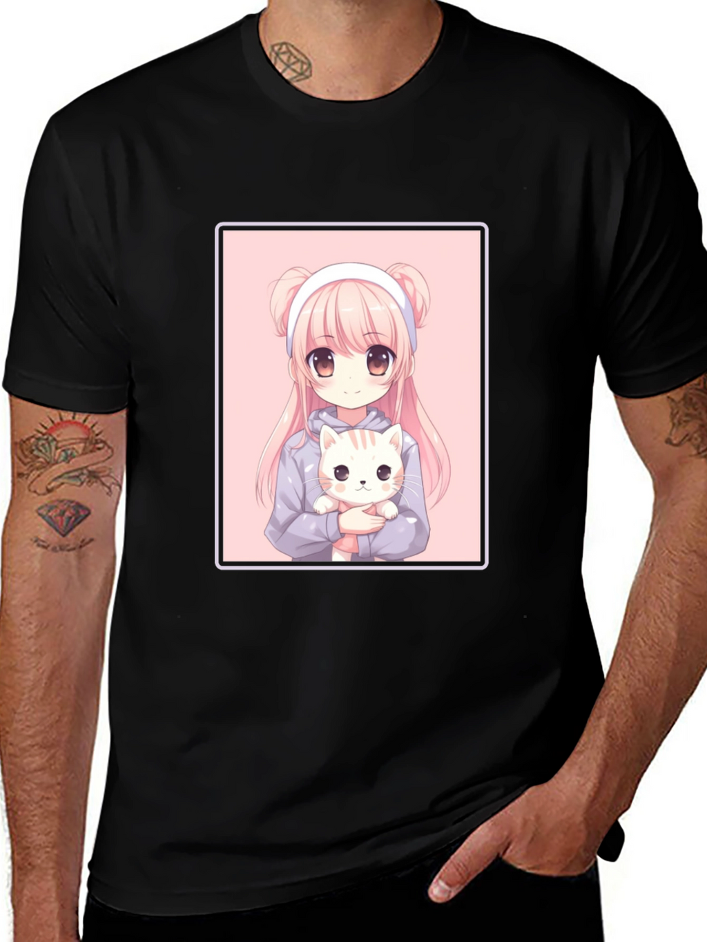 Anime Girl and Cat Graphic Black T-Shirt