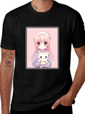 Anime Girl and Cat Graphic Black T-Shirt
