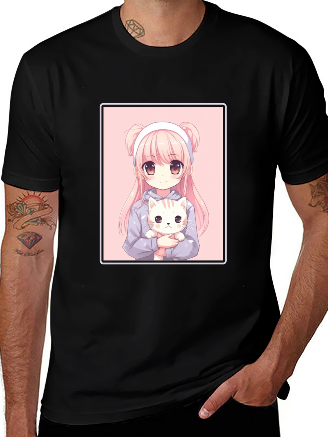 Anime Girl and Cat Graphic Black T-Shirt